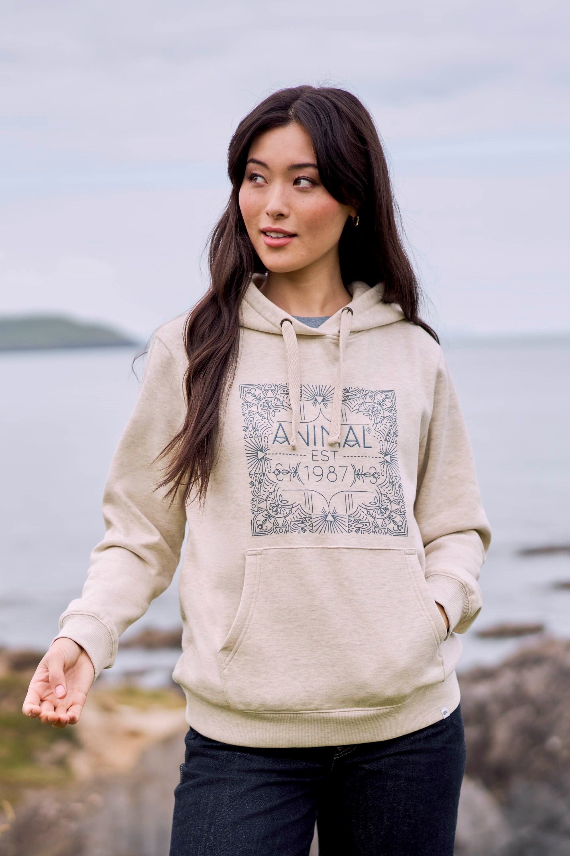 Animal Animal Women's 'Maya' Graphic Lightweight Front Pocket Drawstring Hood Cotton Hoodie in Light Beige - 2