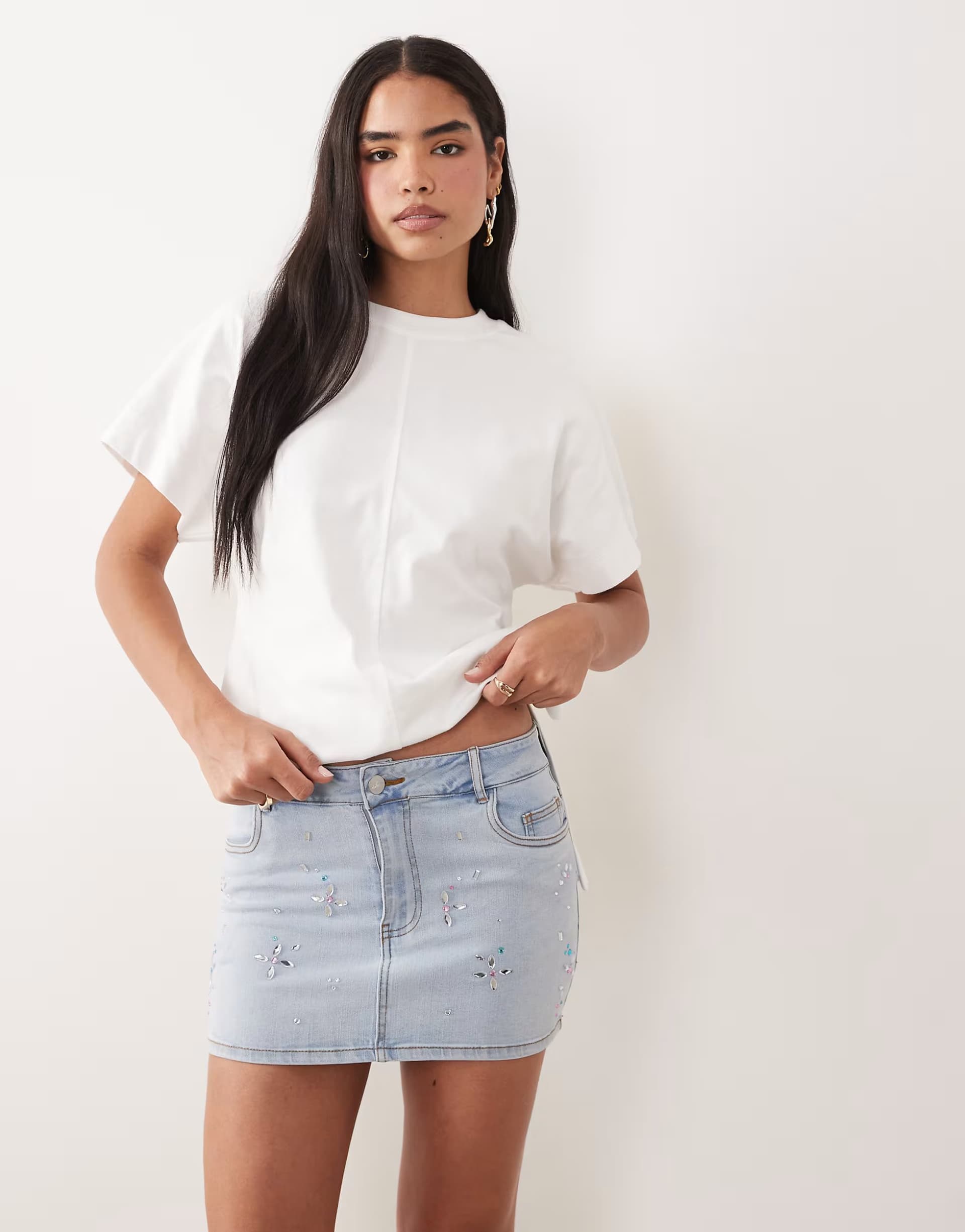 ASOS Oh Polly mid rise embllished mini skirt in stonewash denim