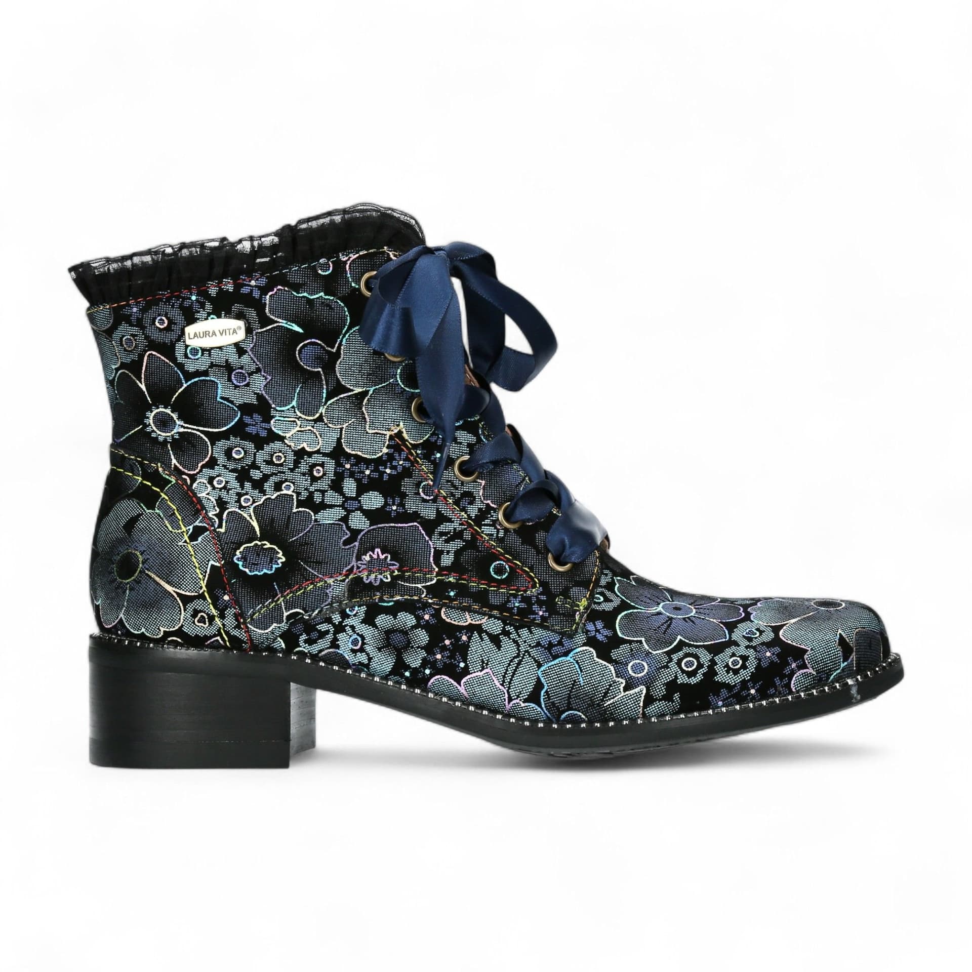 laura vita Laura Vita Women's Emcmao-45 Floral Gothic Victorian Leather Ankle Heeled Boots in Blue