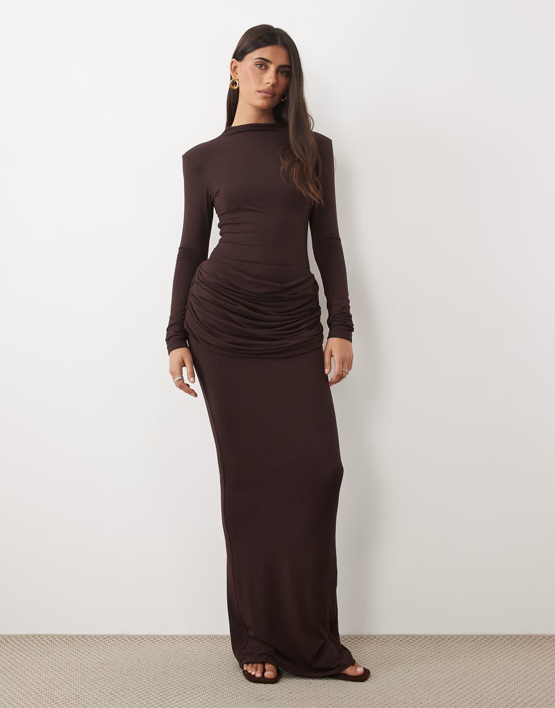 ASOS Wanderdoll Ashtin sculpted shoulder pad detail high neck long sleeve bodysuit and skirt in espresso