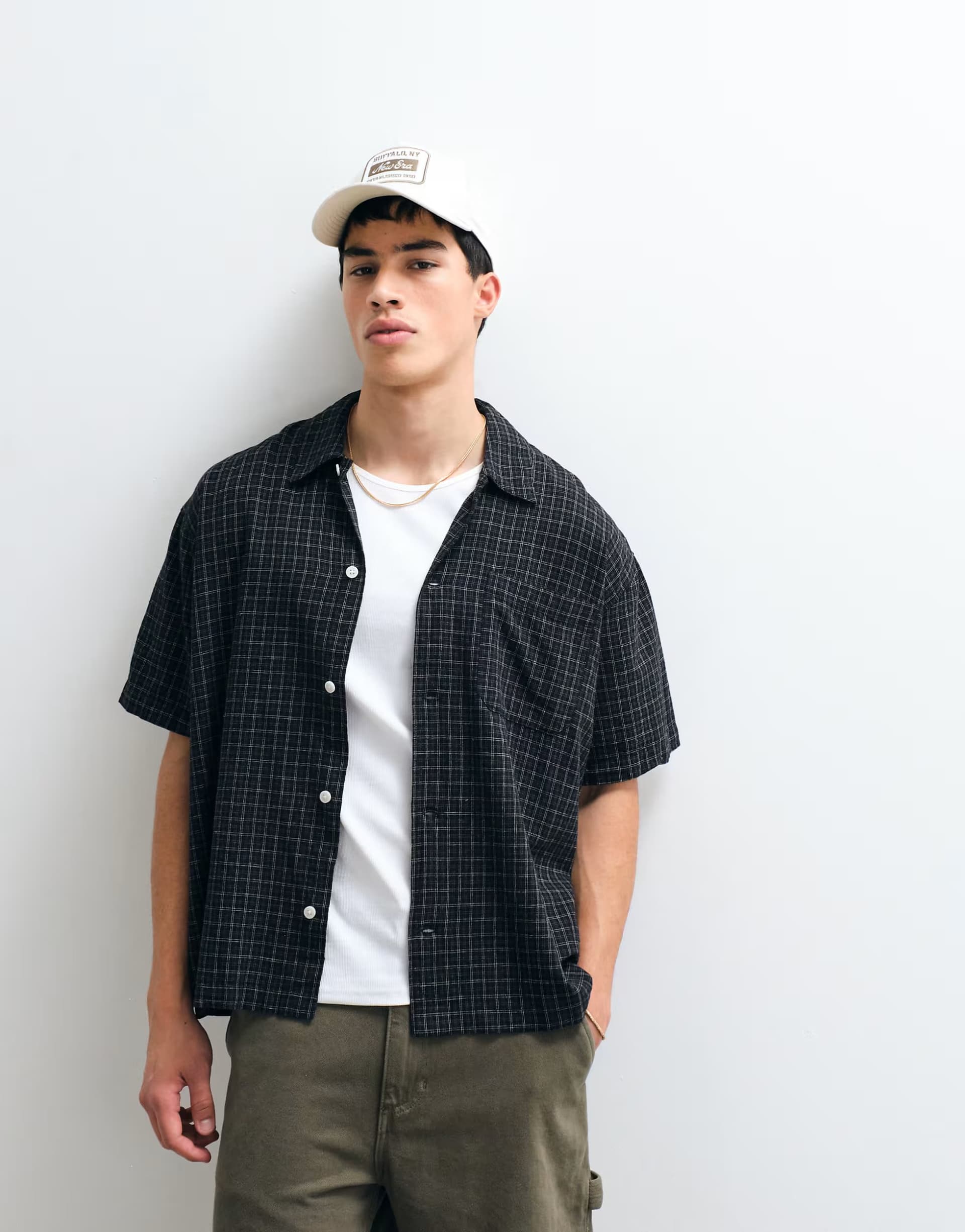 ASOS Jack & Jones linen blend cropped short sleeve check shirt in black