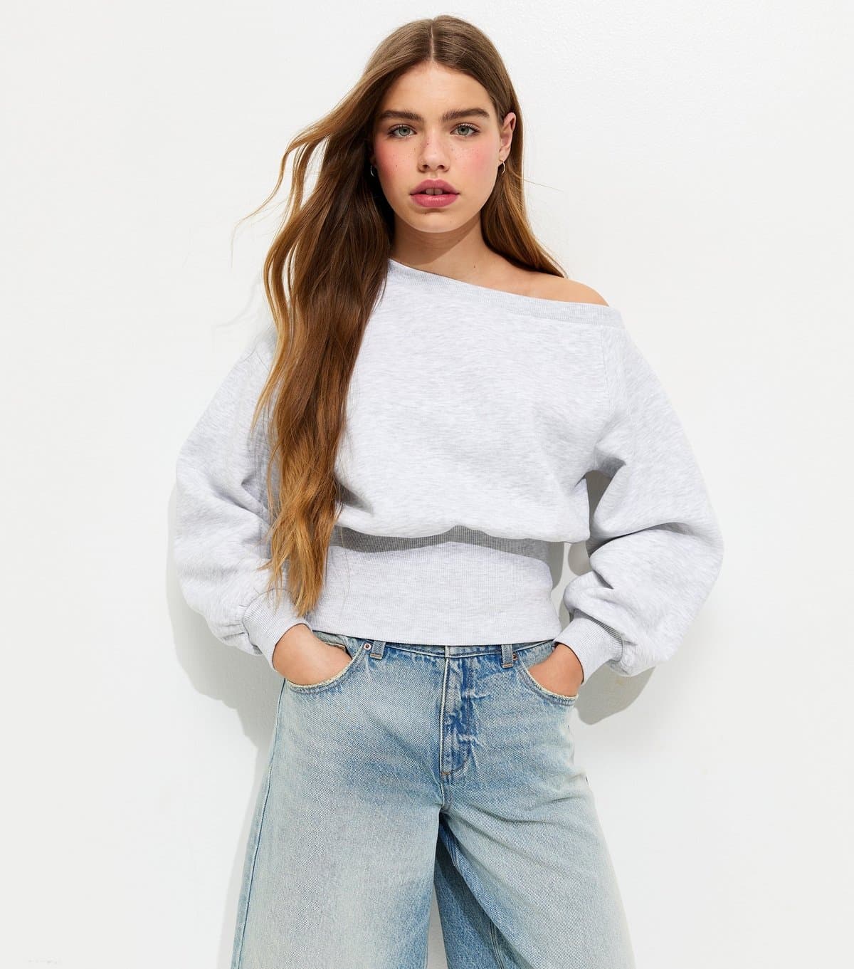 New Look Girls' Grey Cinched Waist Off Shoulder Sweatshirt New Look