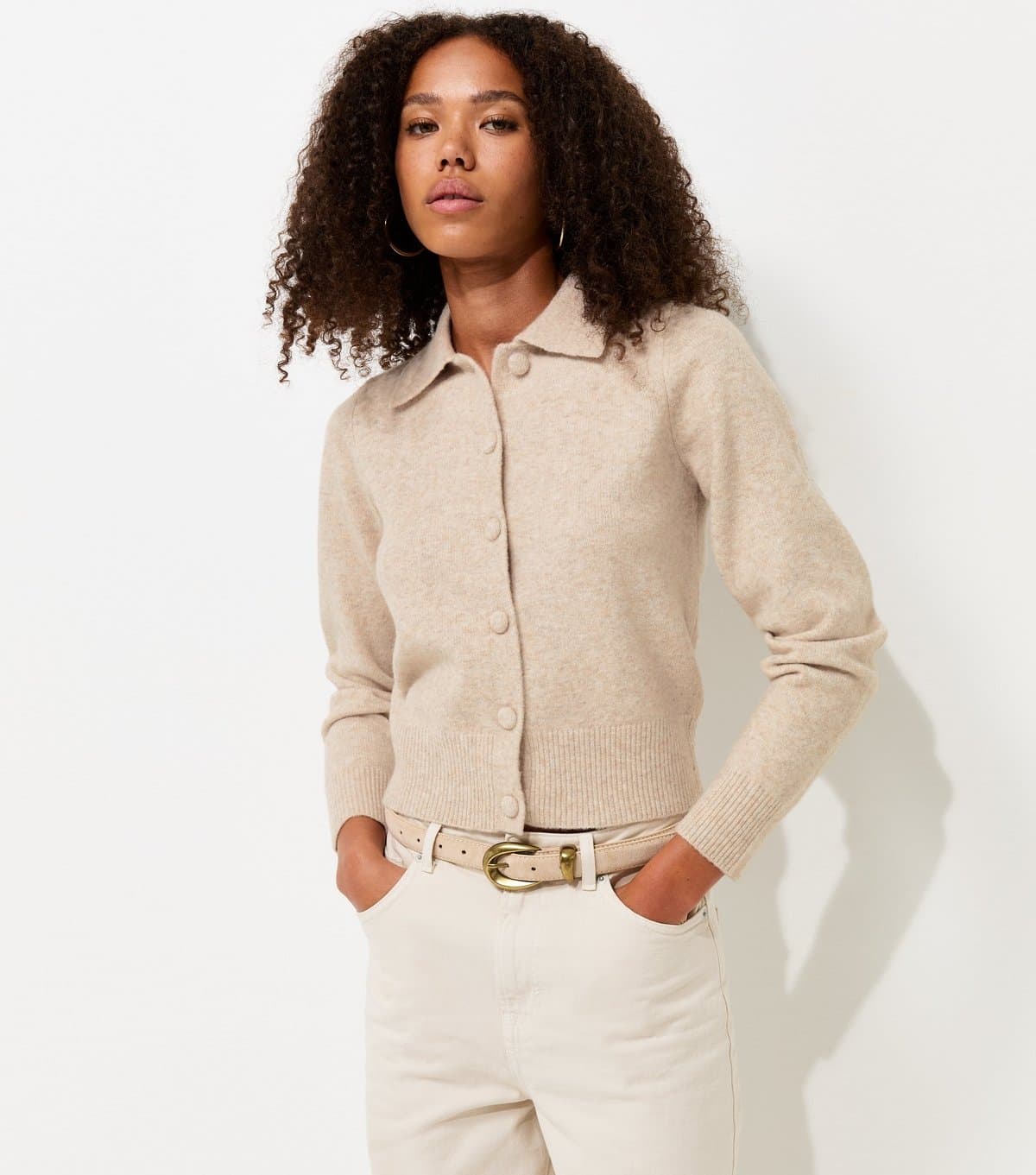 New Look Women's Oatmeal Midweight Knit Collared Button Front Cardigan New Look