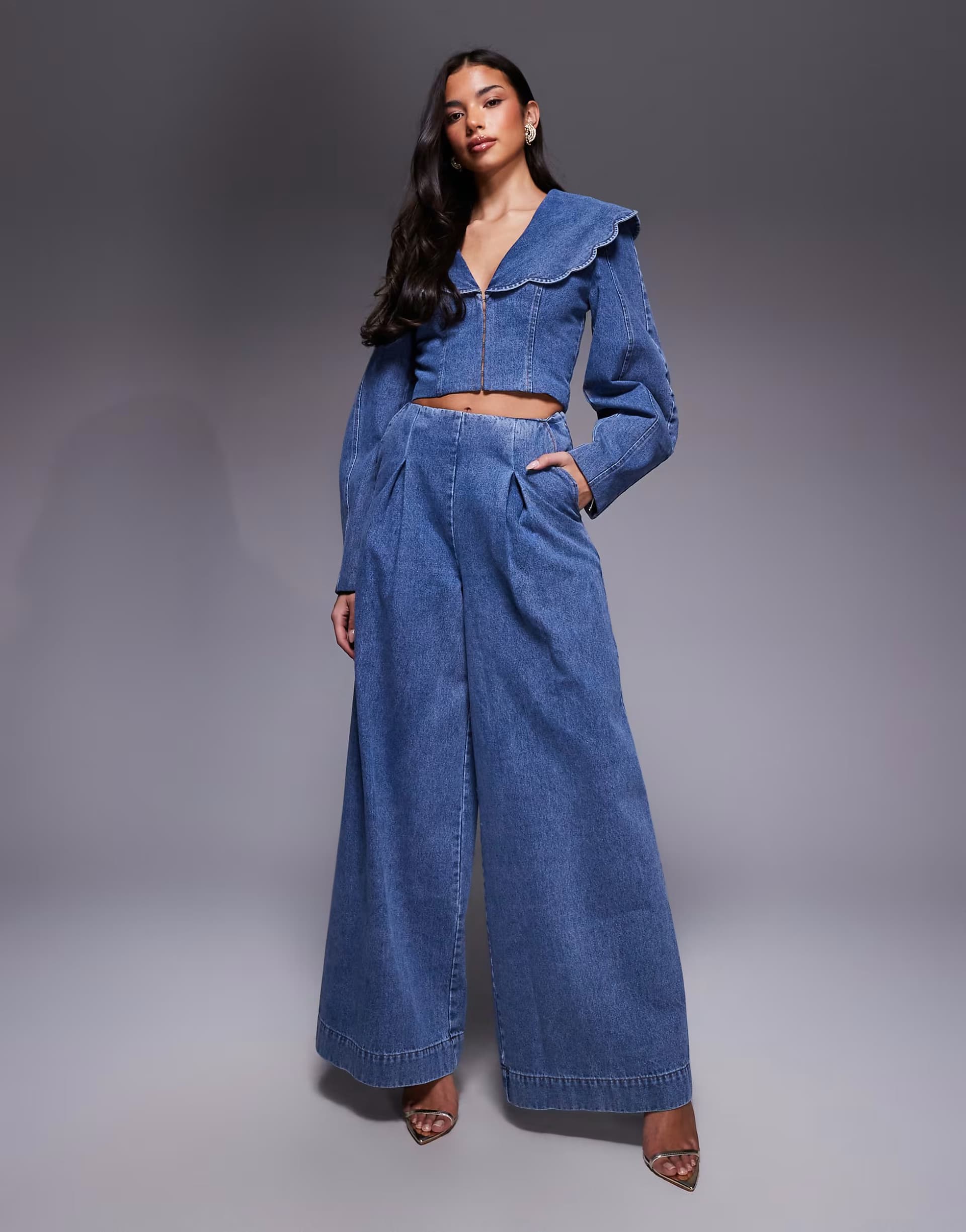 ASOS ASOS LUXE co-ord wide leg denim jeans with corset detail in mid blue