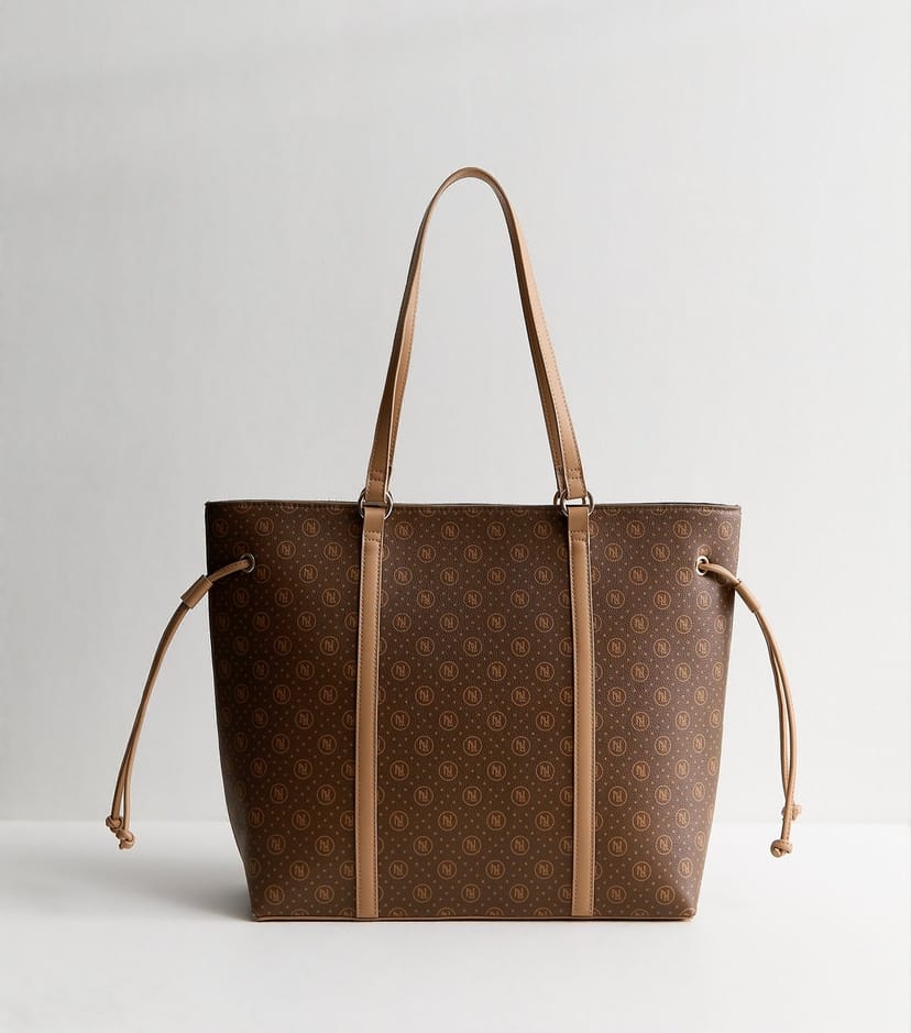 New Look Dark Brown Faux Leather Monogram Tote Bag New Look - 1