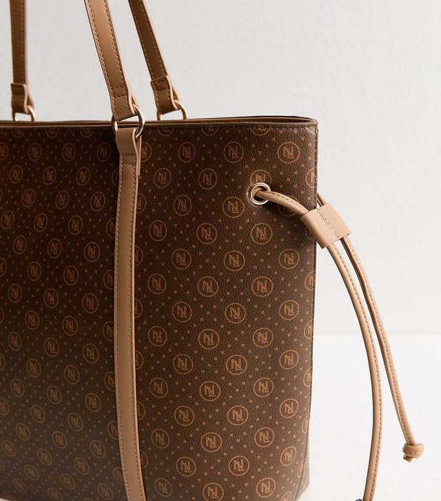 New Look Dark Brown Faux Leather Monogram Tote Bag New Look - 3