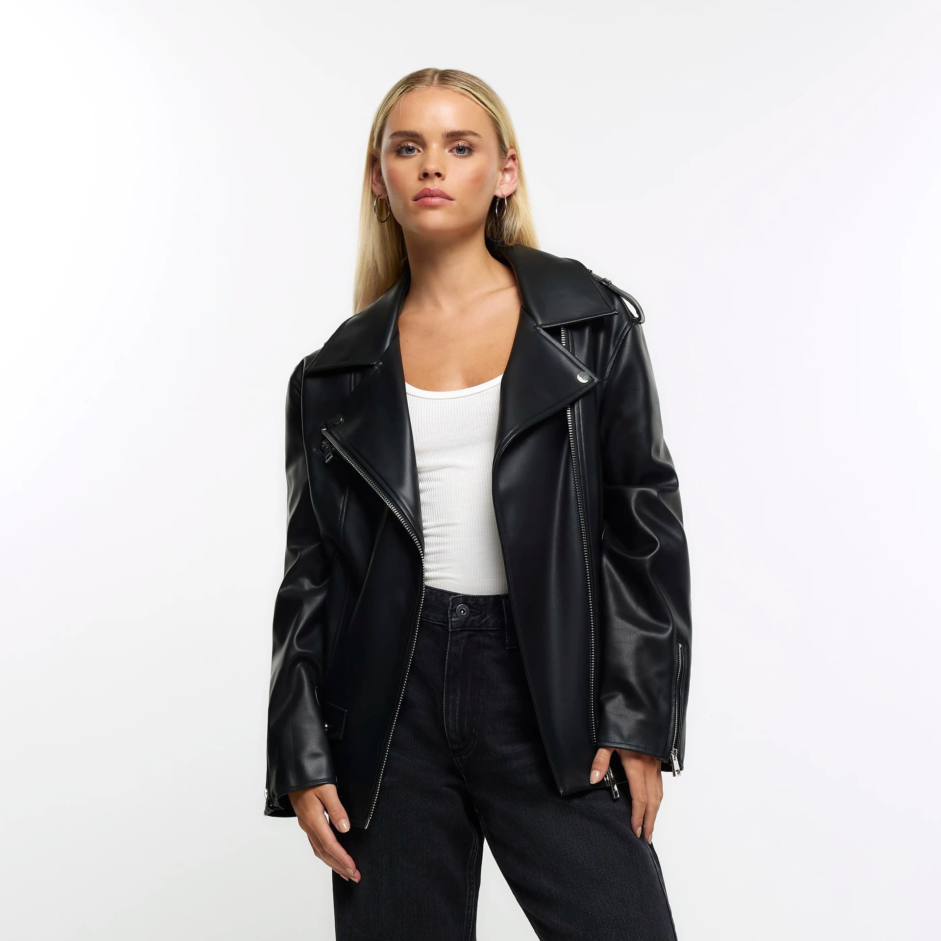 River Island River Island Womens Petite Black Faux Leather Oversized Jacket
