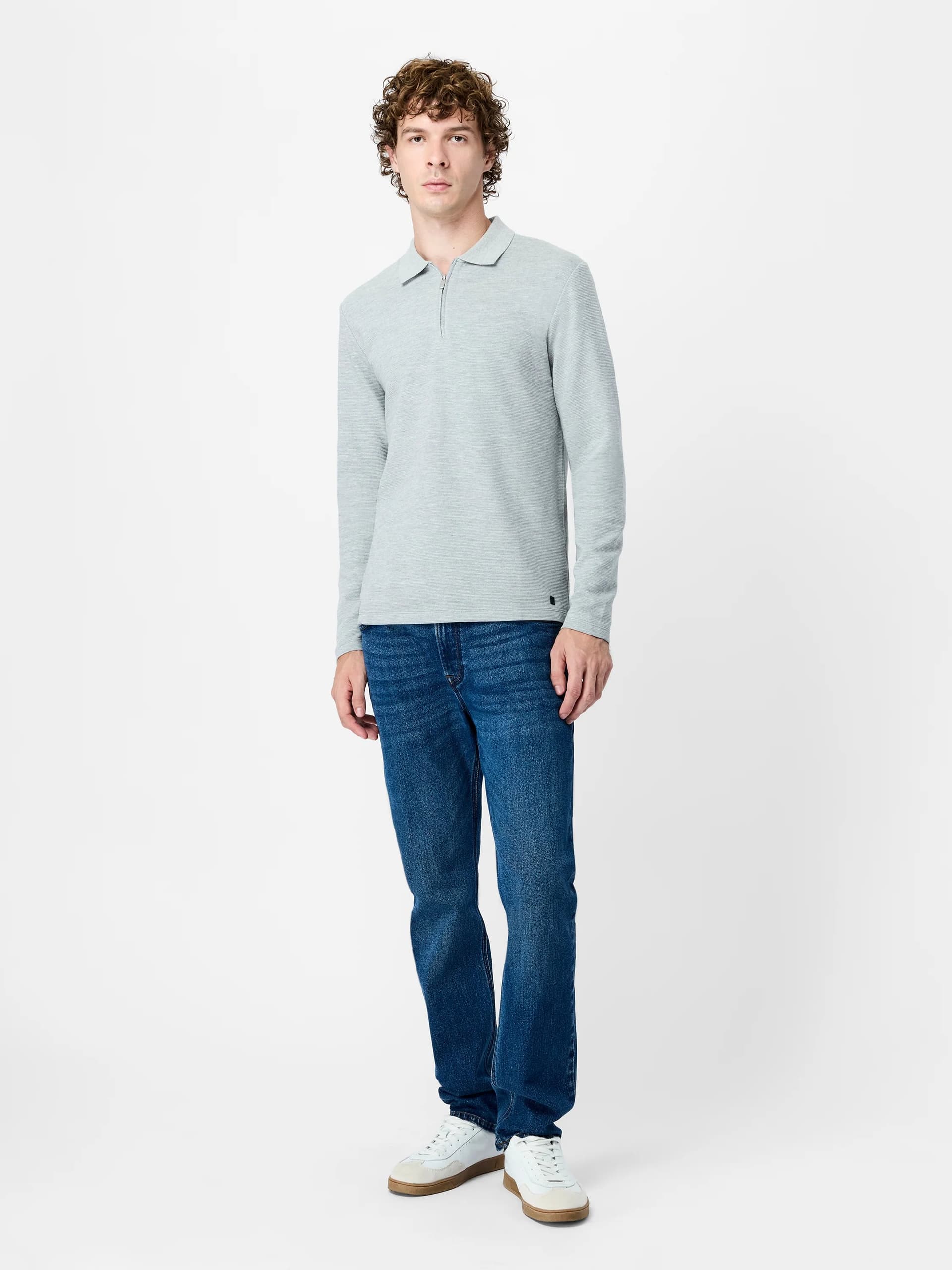 French Connection Light Grey Ottoman Half Zip Long Sleeve Polo Shirt Light Grey Mel