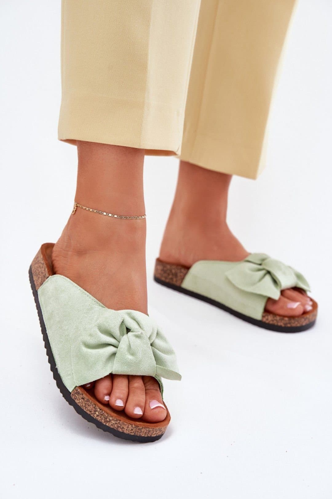 Love Lace Love Lace Green Suede Cork Sole Sandals with Bow Insole