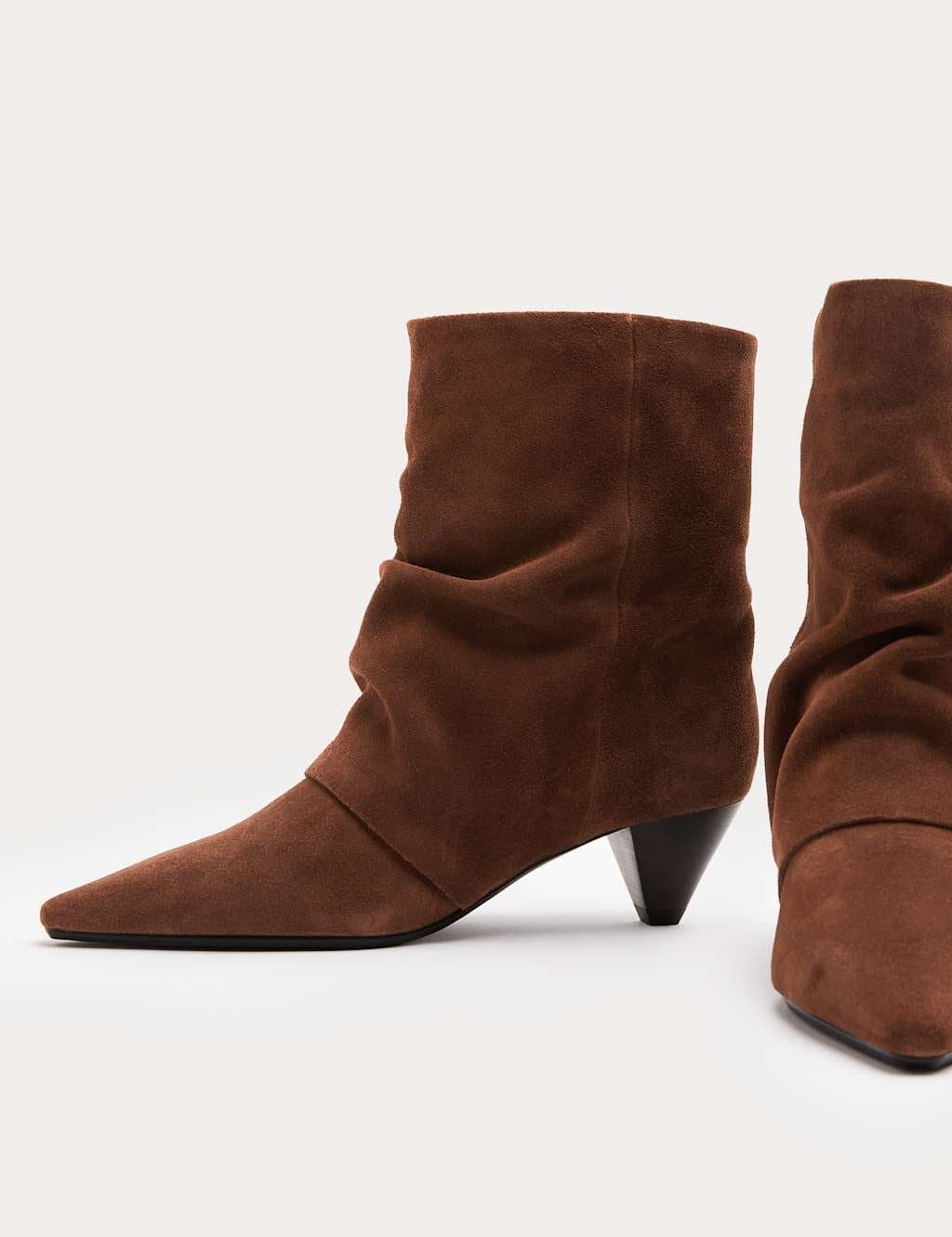 Marks & Spencer M&S Suede Slouchy Cone Heel Pointed Ankle Boots Dark Tan
