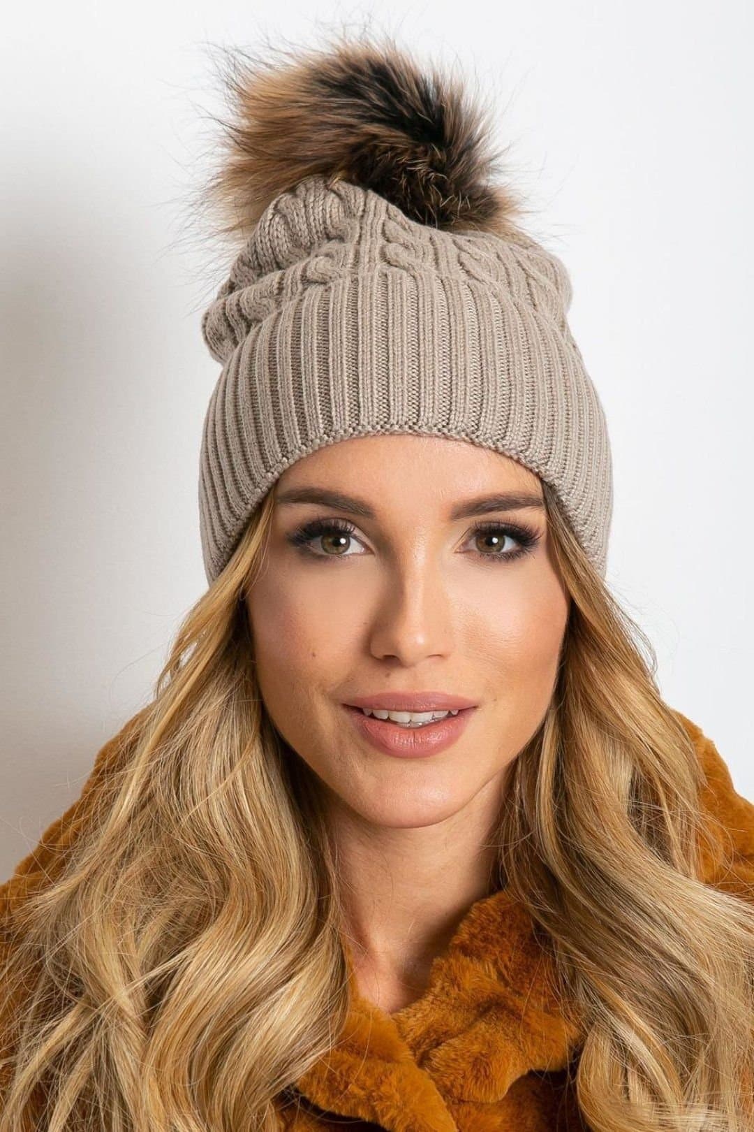 Love Lace Love Lace Beige Knit Beanie Hat With Pom Pom