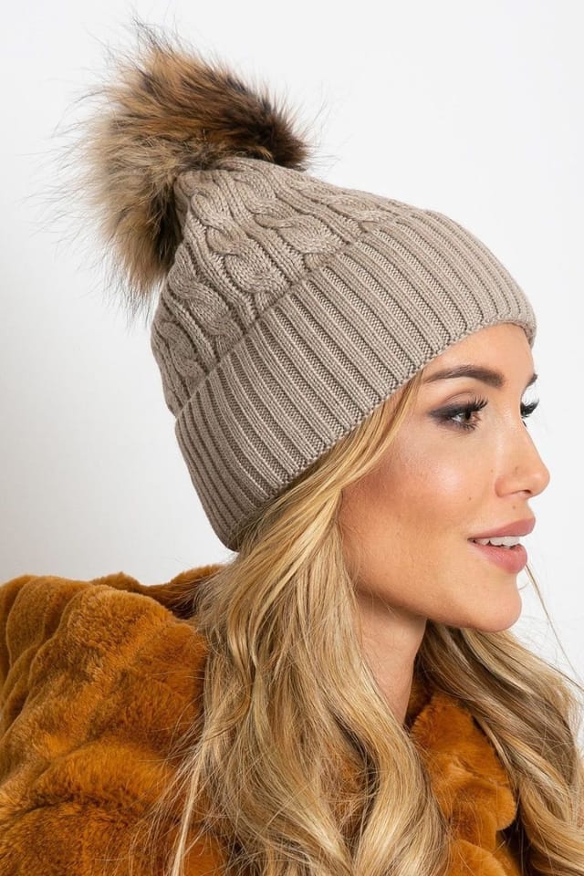 Love Lace Love Lace Women's Winter Wide Cuff Knit Beanie Hat With Soft Fluffy Pom Pom Lined in Beige - 2