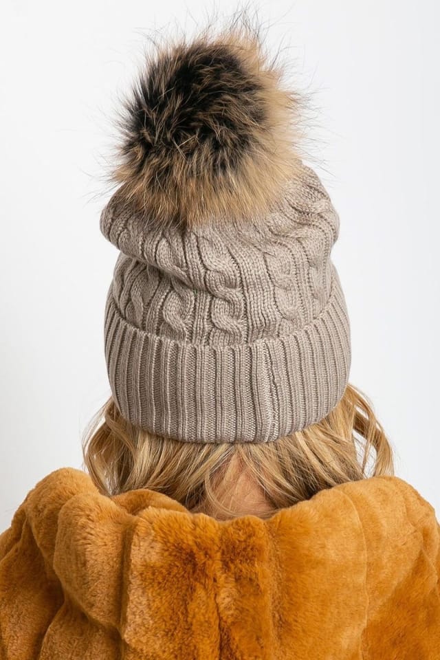 Love Lace Love Lace Women's Winter Wide Cuff Knit Beanie Hat With Soft Fluffy Pom Pom Lined in Beige - 3
