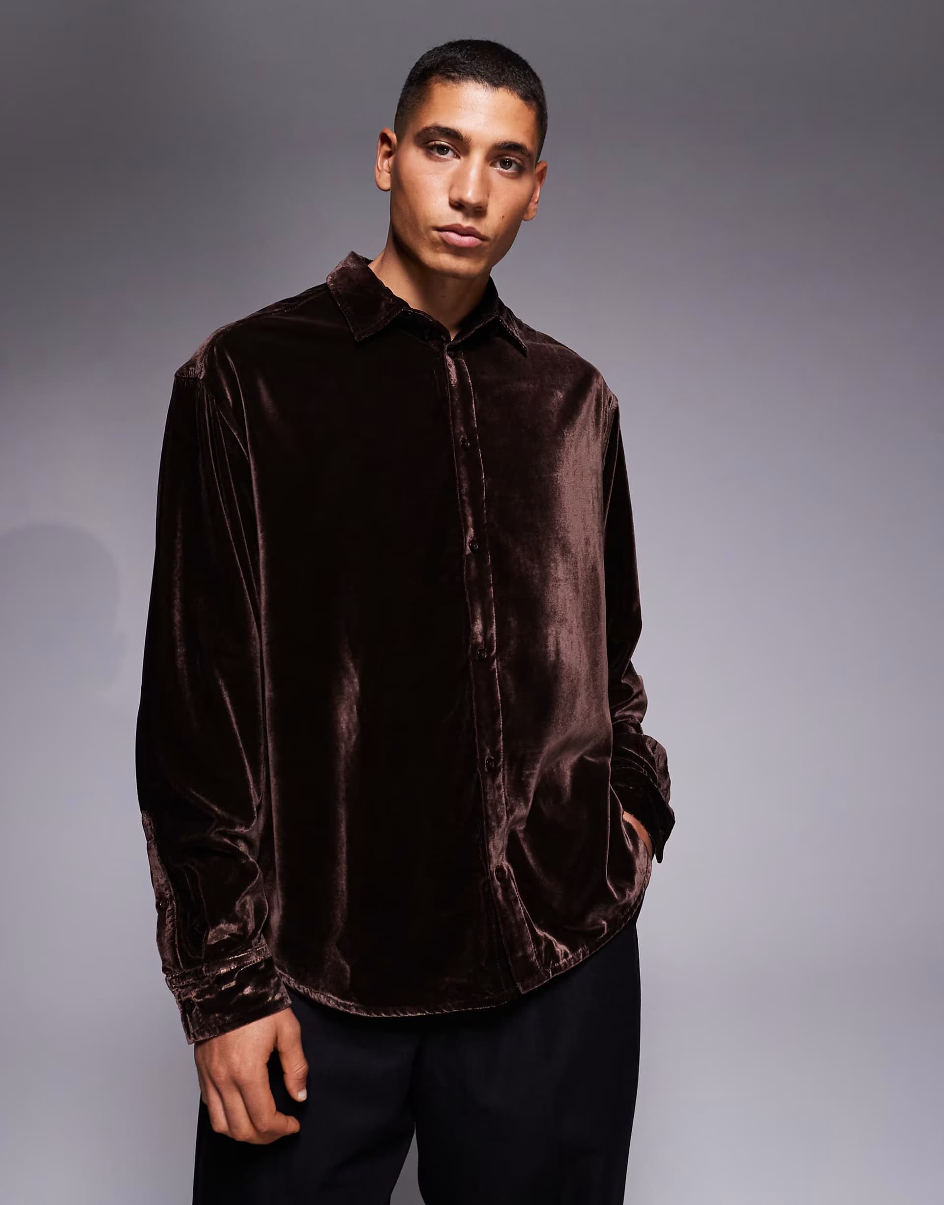 ASOS ASOS DESIGN oversized velvet shirt in brown
