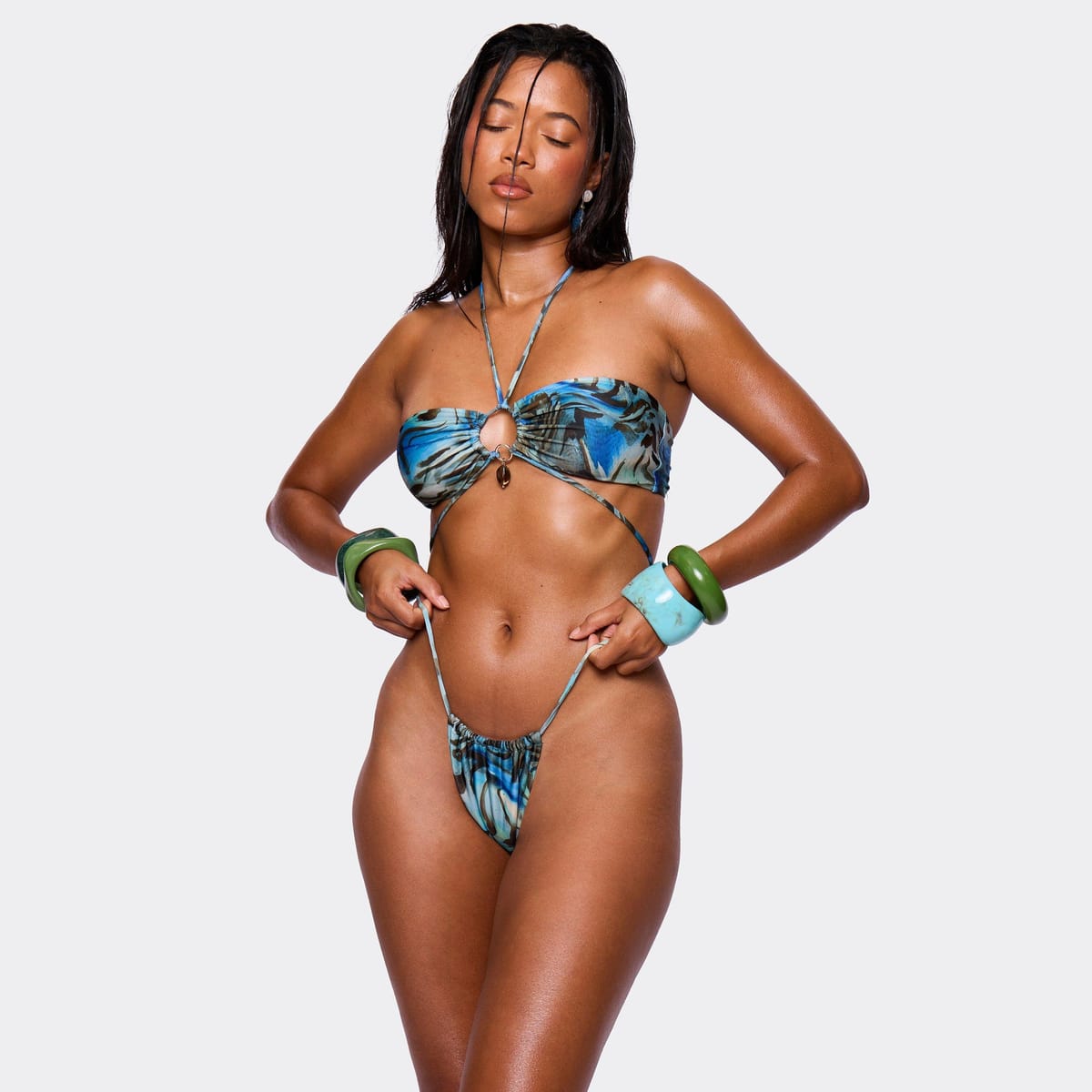 EGO Strappy Ring Detail Stone Trim Bikini Top In Blue Abstract Print, Women's Size UK L - 1