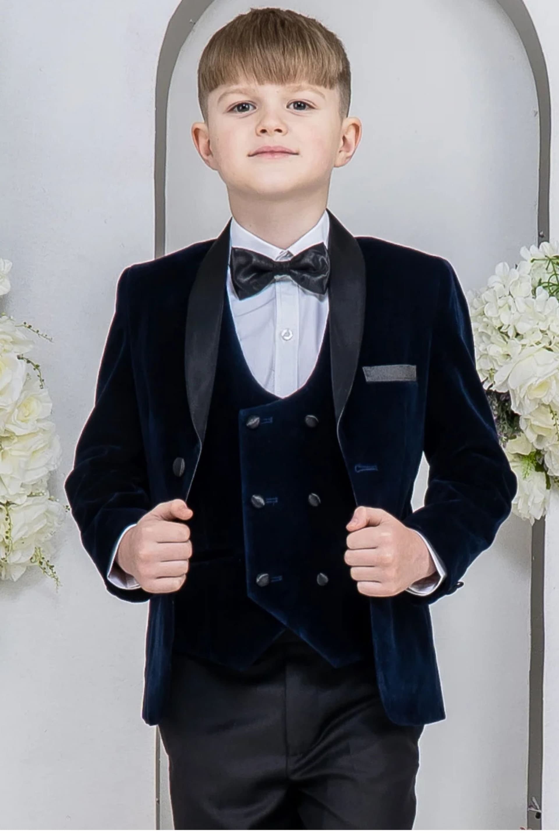 Vivaki Vivaki Men's 5 Piece Navy Velvet Tuxedo Suit