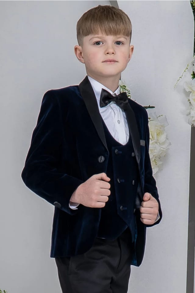 Vivaki Vivaki Men's 5 Piece Navy Velvet Tuxedo Suit - 2