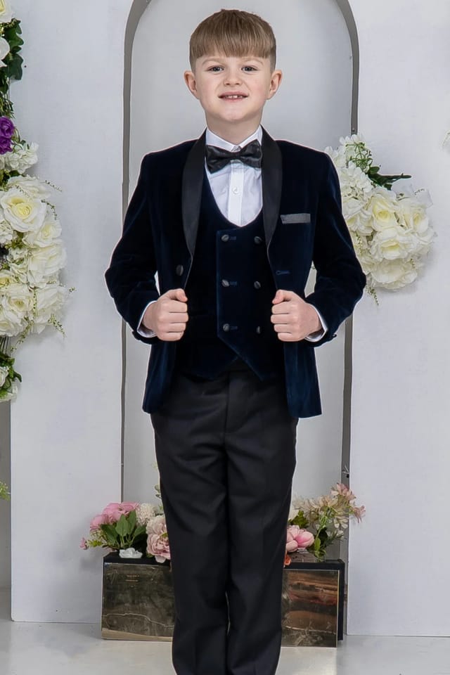 Vivaki Vivaki Men's 5 Piece Navy Velvet Tuxedo Suit - 3