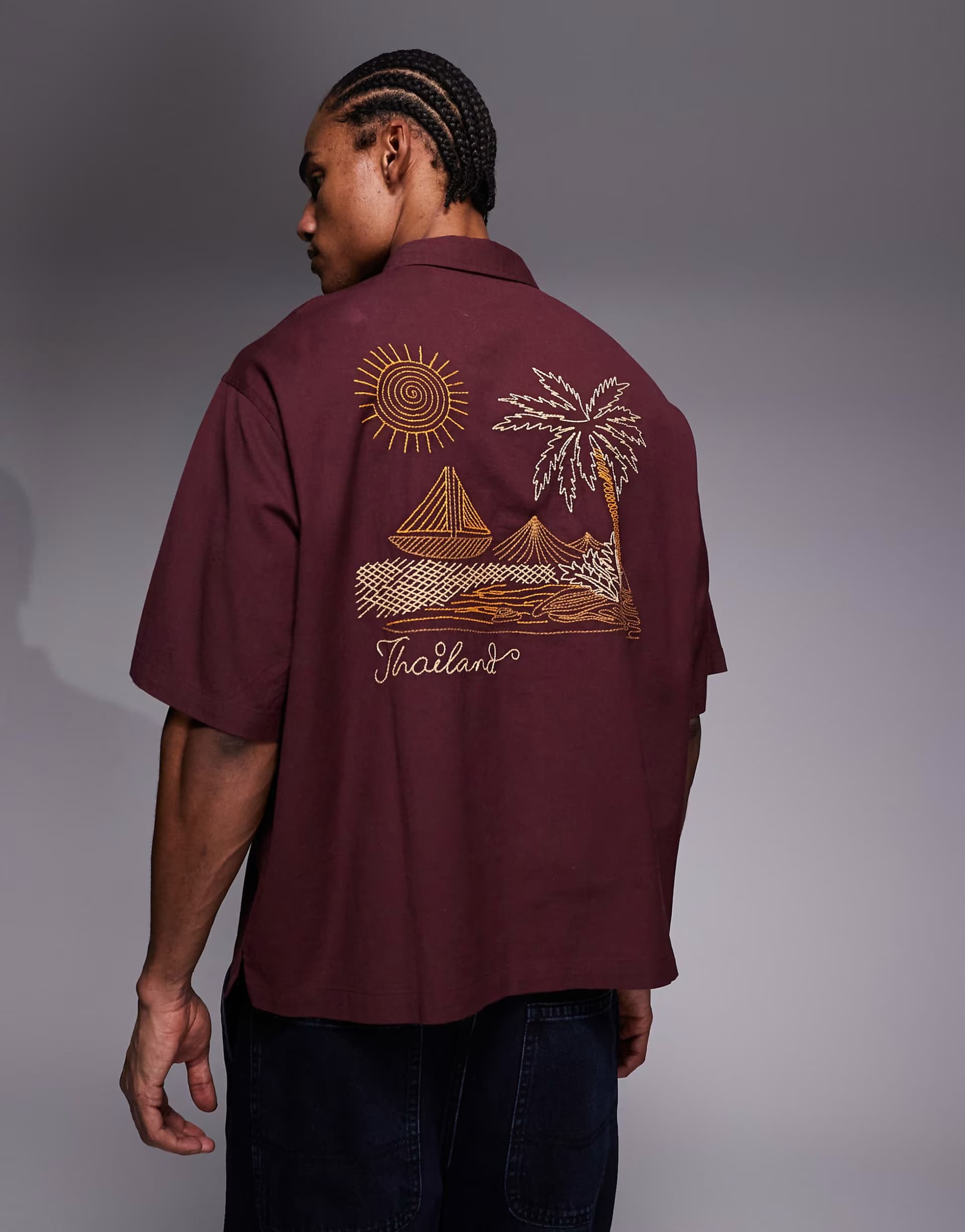 ASOS ASOS DESIGN boxy oversized shirt with back embroidery in burgundy