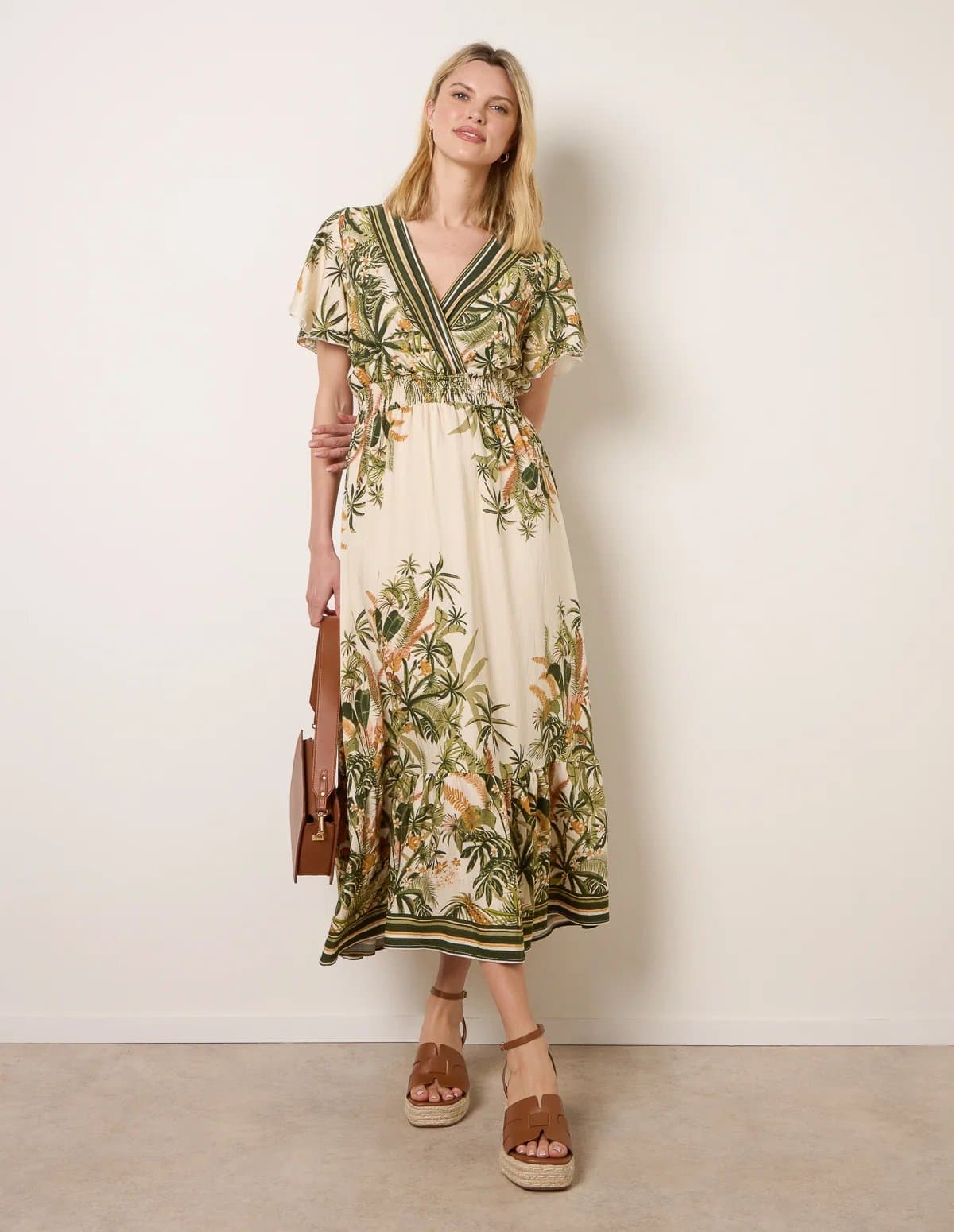 Blue Vanilla Tropical Print Wrap Front Dress