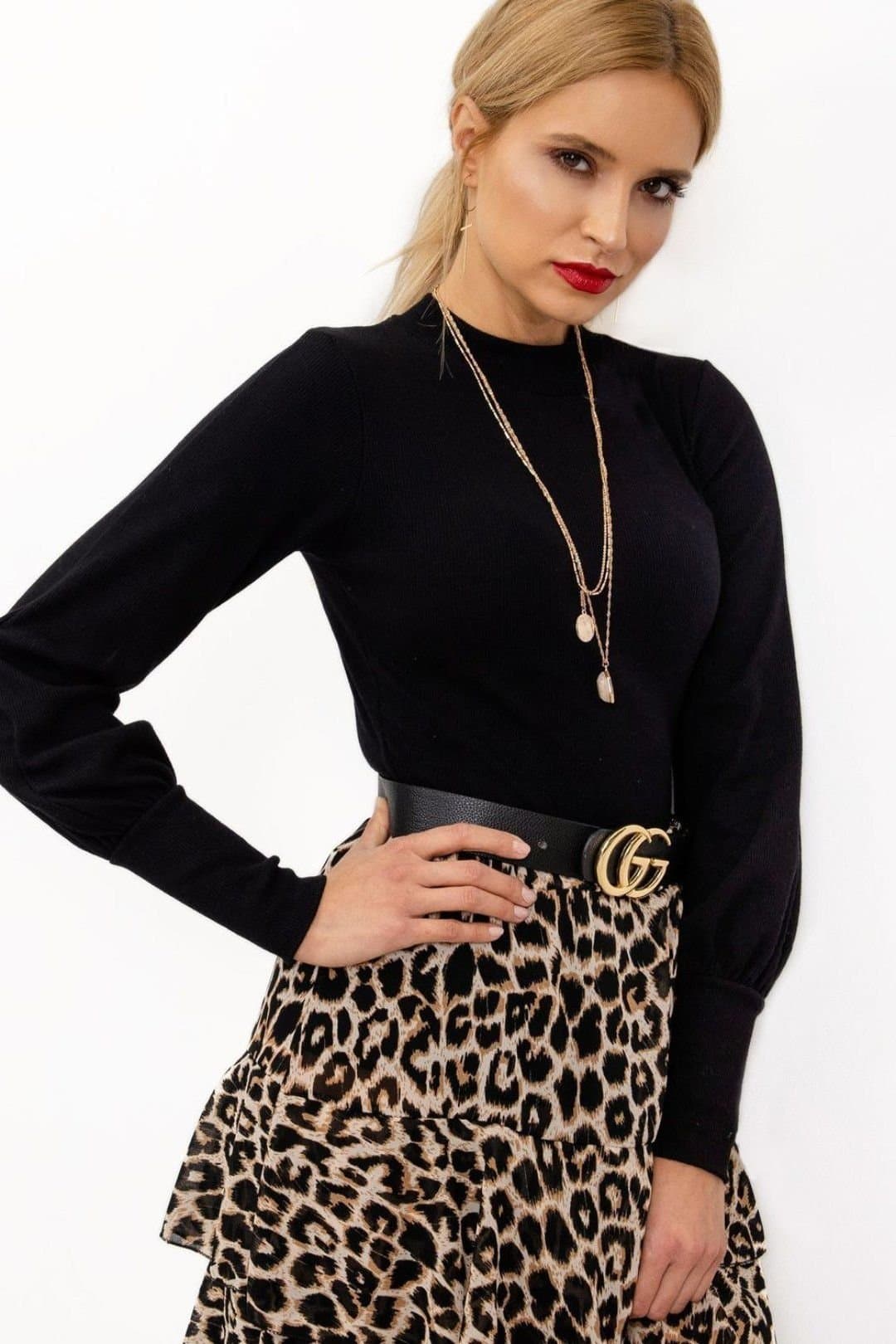 Love Lace Love Lace Women's Long Sleeve Ribbed Blouse with Wide Cuffs in Black