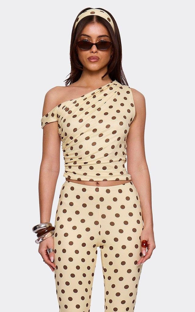 EGO Off The Shoulder Top In Lemon Polka Dot Print, Women's Size UK L - 2