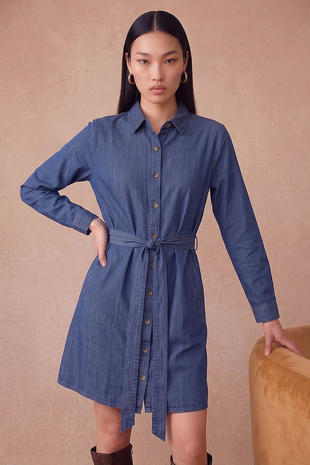 Dusk Dusk Women's Tie Front Shirt Dress in Mid Blue