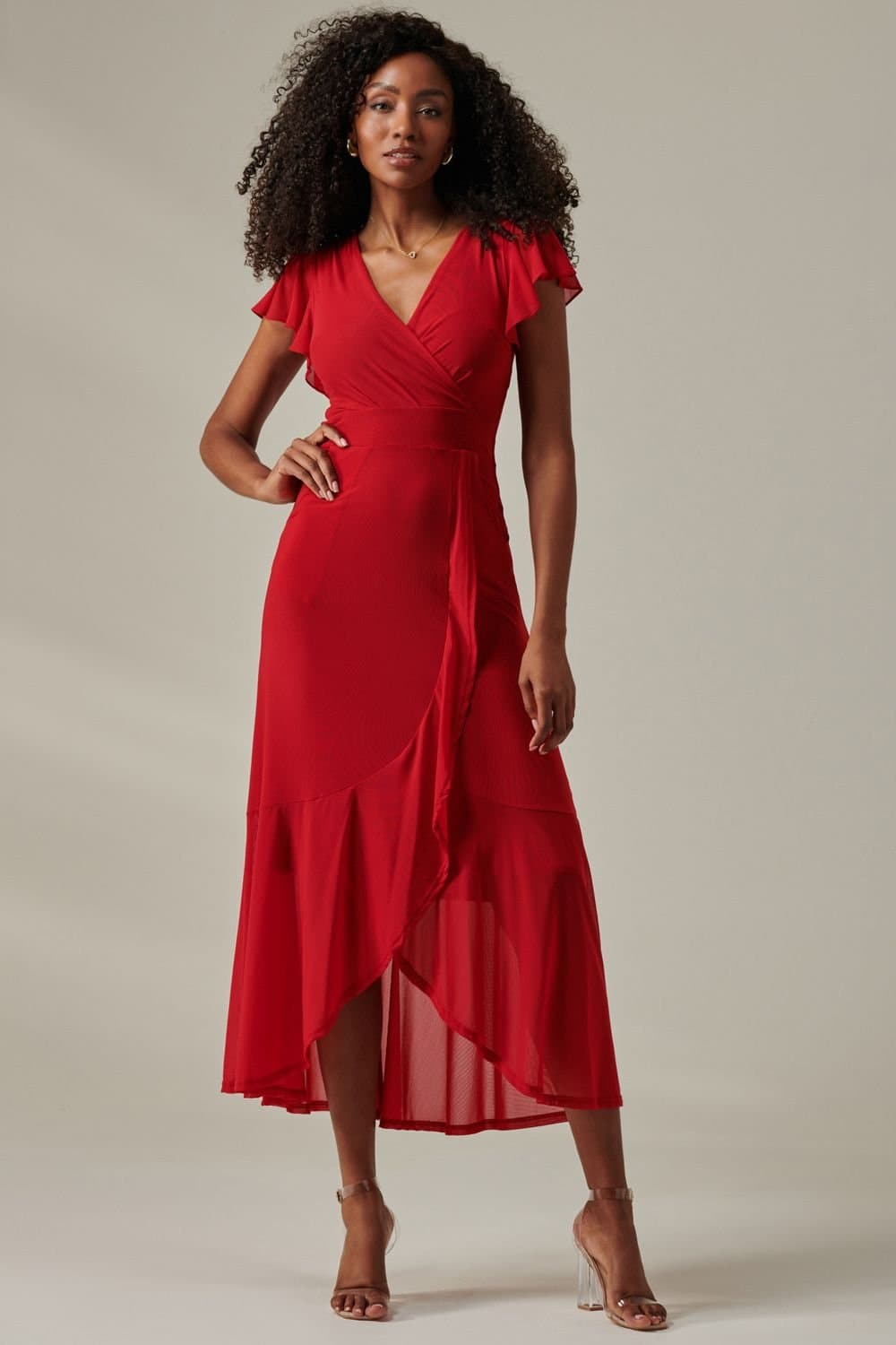 Jolie Moi Jolie Moi Women's Plain Wrap Mesh Maxi Dress in Red