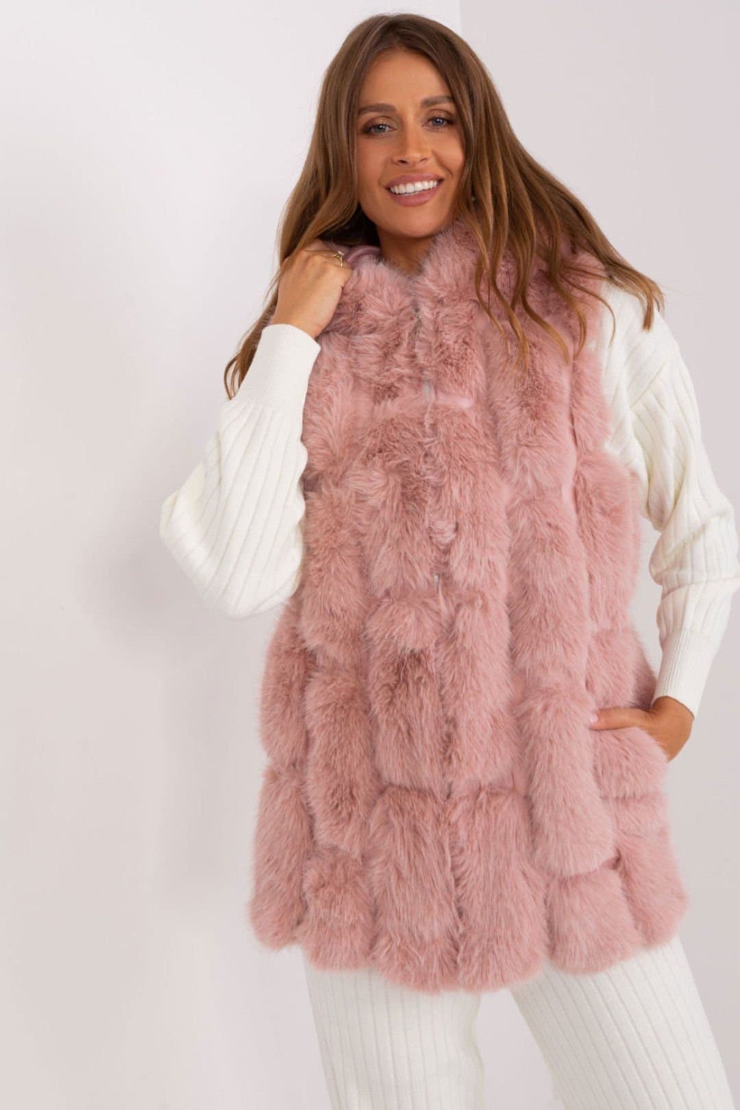 Love Lace Love Lace Women's Faux Fur Hooded Zipper Vest with Pockets in Pink