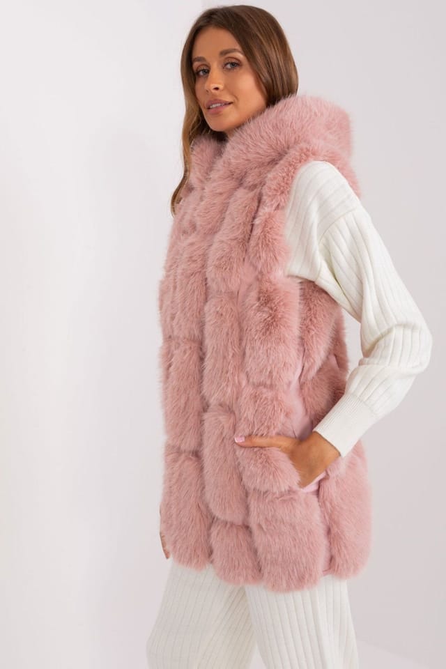 Love Lace Love Lace Women's Faux Fur Hooded Zipper Vest with Pockets in Pink - 2