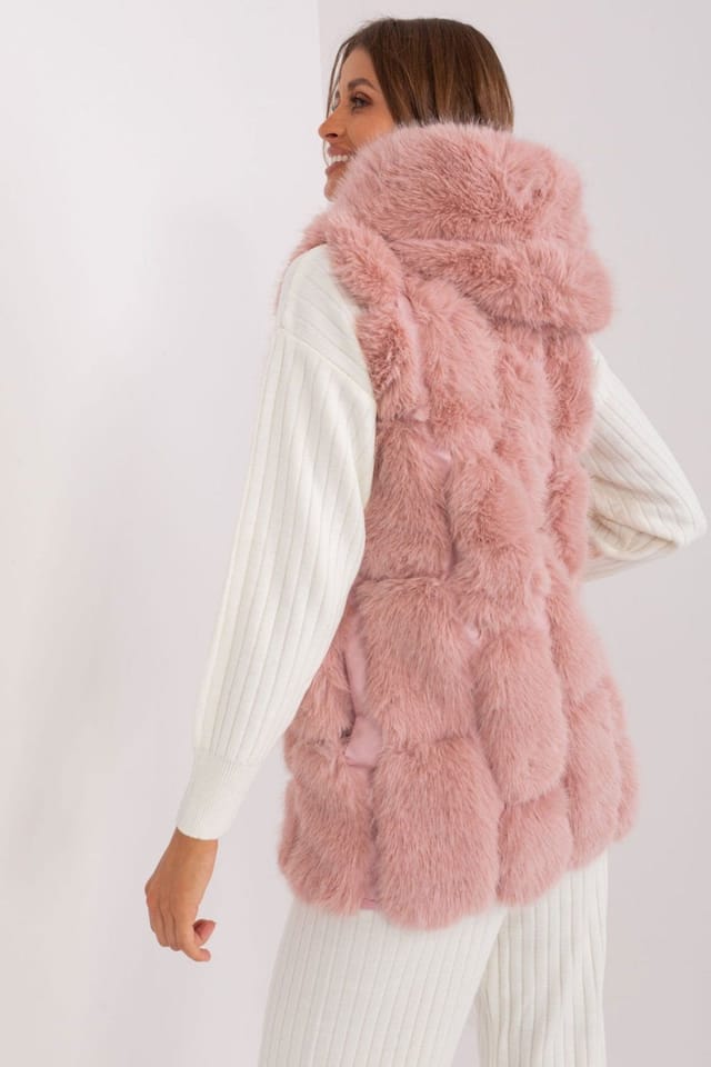 Love Lace Love Lace Women's Faux Fur Hooded Zipper Vest with Pockets in Pink - 3