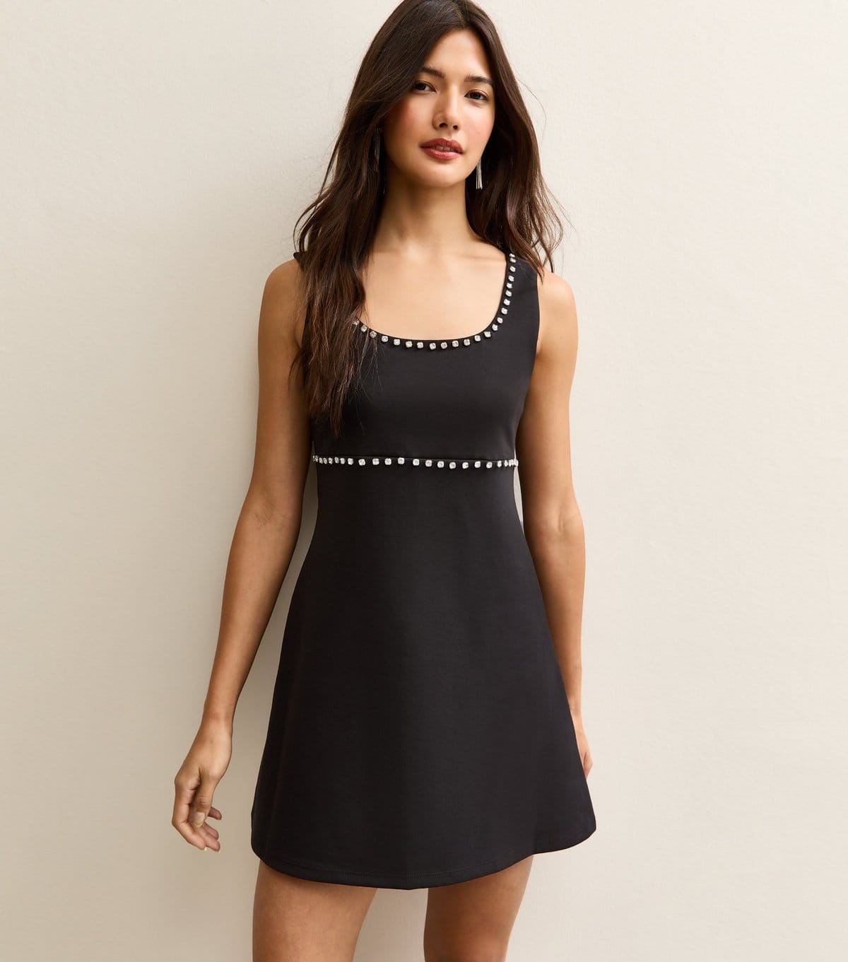 New Look Black Diamante Trim Scoop Neck Mini Dress