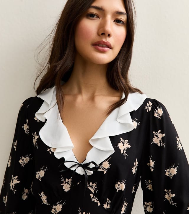 New Look Women's Black Floral Frill Collar Midi Dress New Look - 3