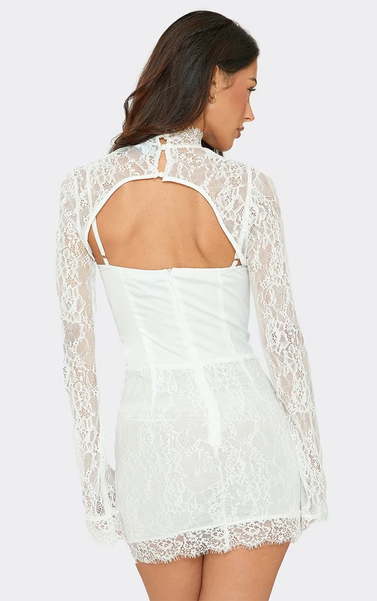 EGO Long Lace Bolero Sleeve Corseted Mini Dress In White, Women's Size UK 6