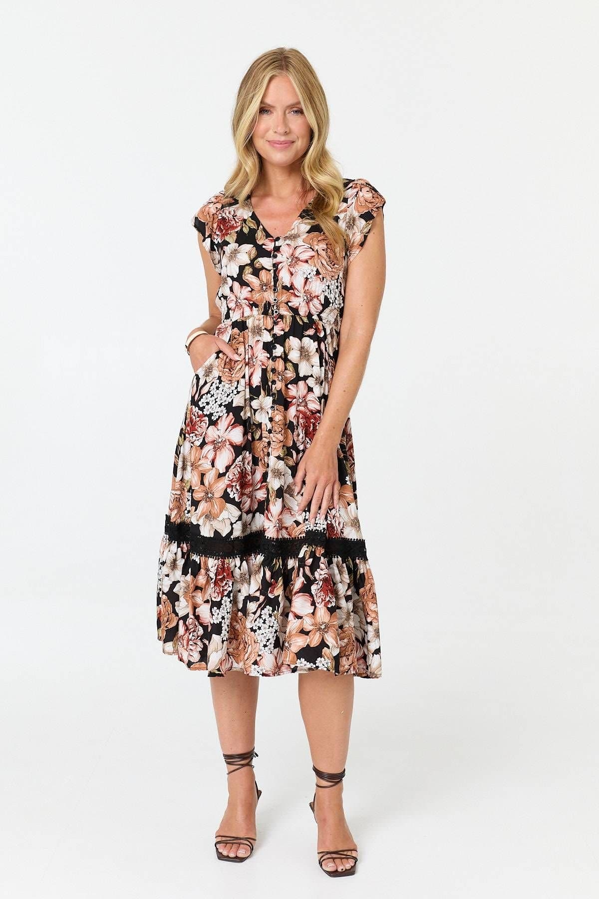 Izabel London Izabel London Women's Floral Cap Sleeve Relaxed Midi Dress in Black