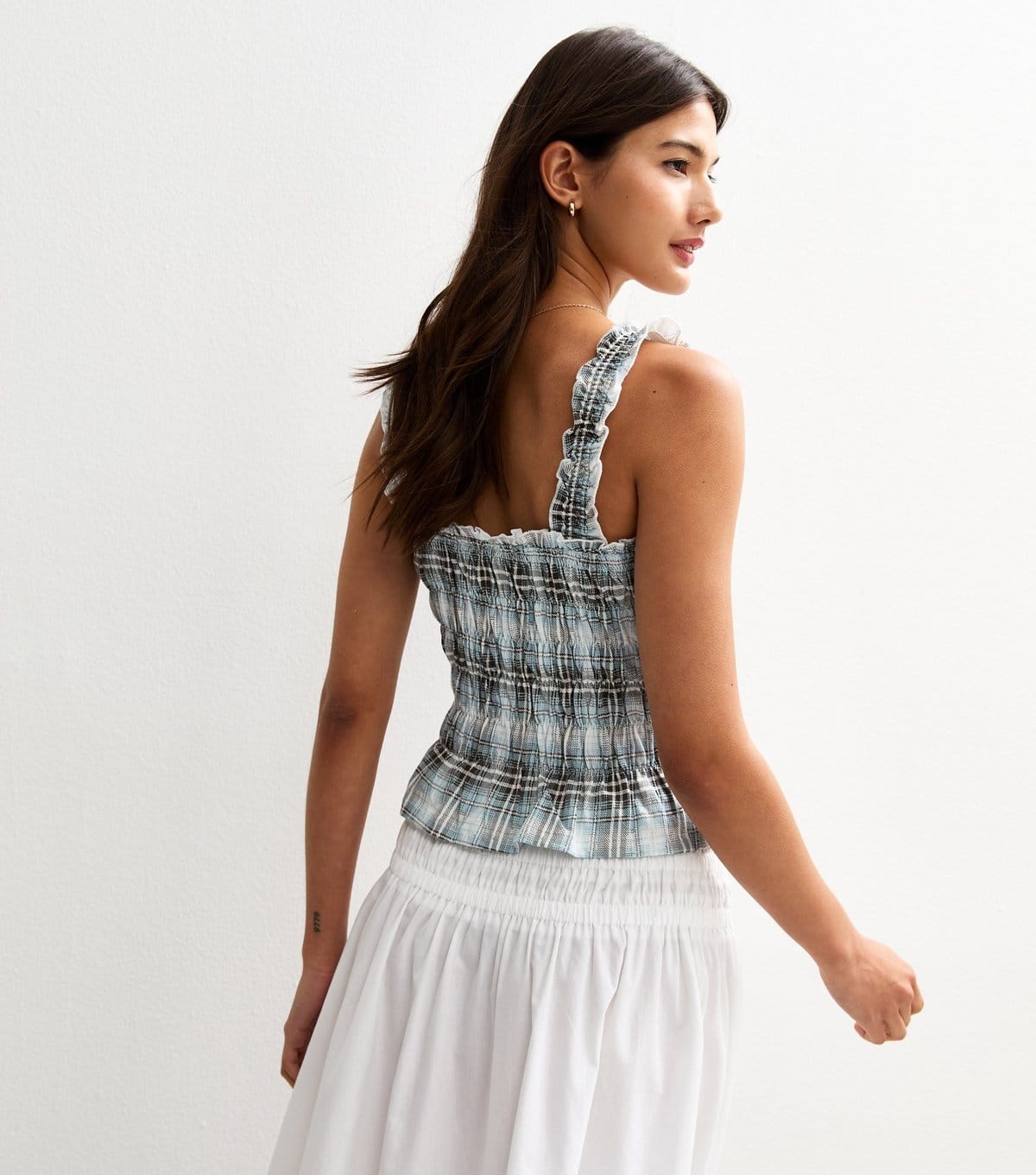 New Look Women's Blue Checked Shirred Peplum Cami Top New Look - 4