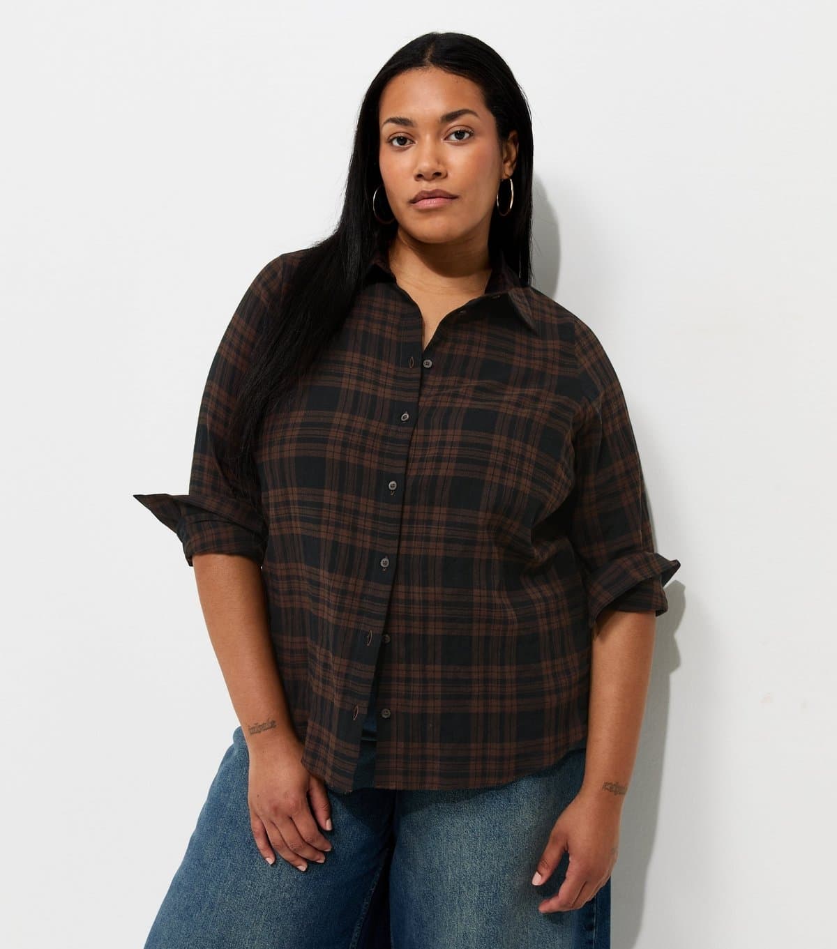 New Look Women's Plus Size Brown Cotton Rich Checked Long Sleeve Shirt Curves New Look