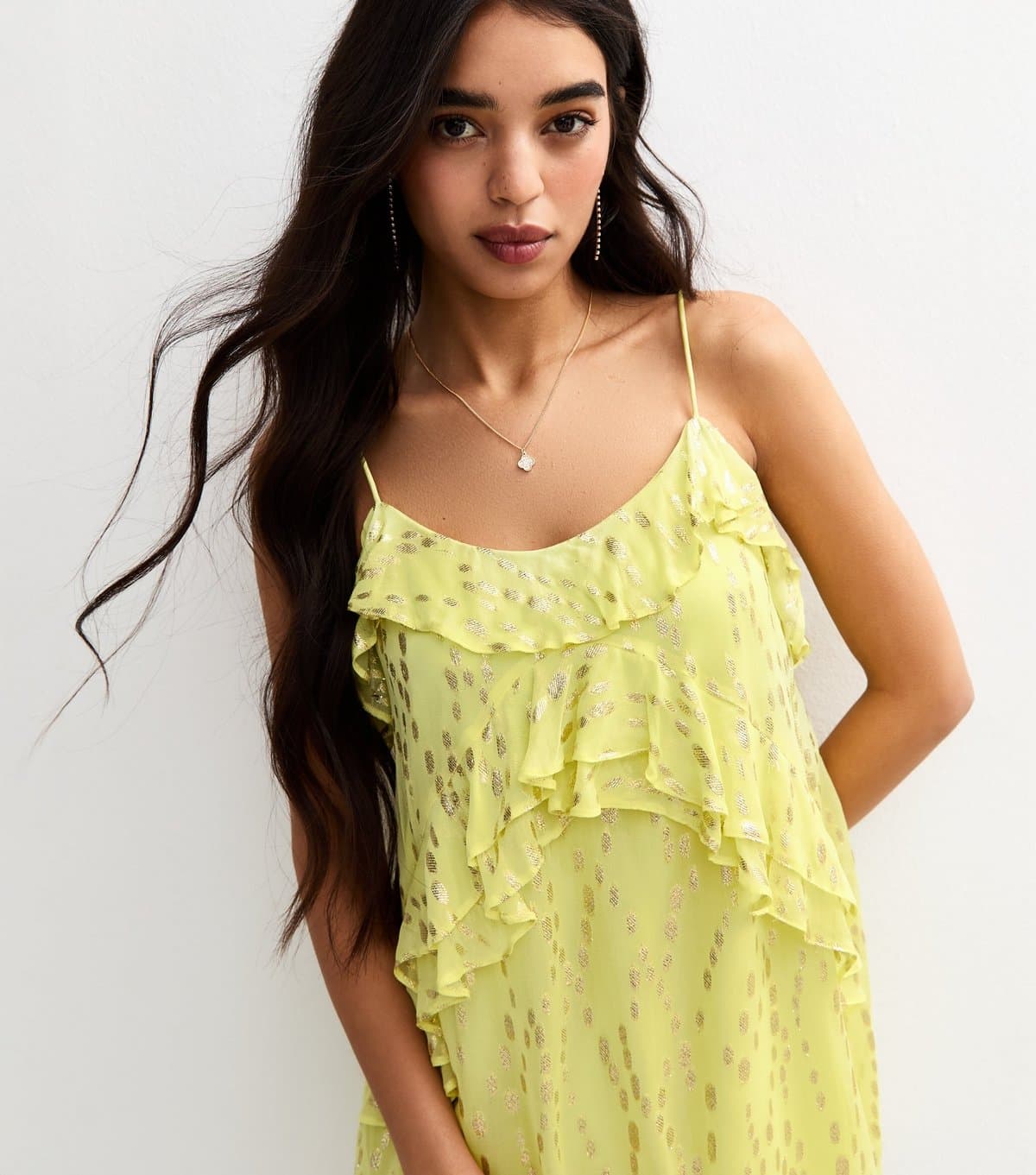 New Look Women's Bright Yellow Metallic Jacquard Ruffle Trim Mini Dress New Look