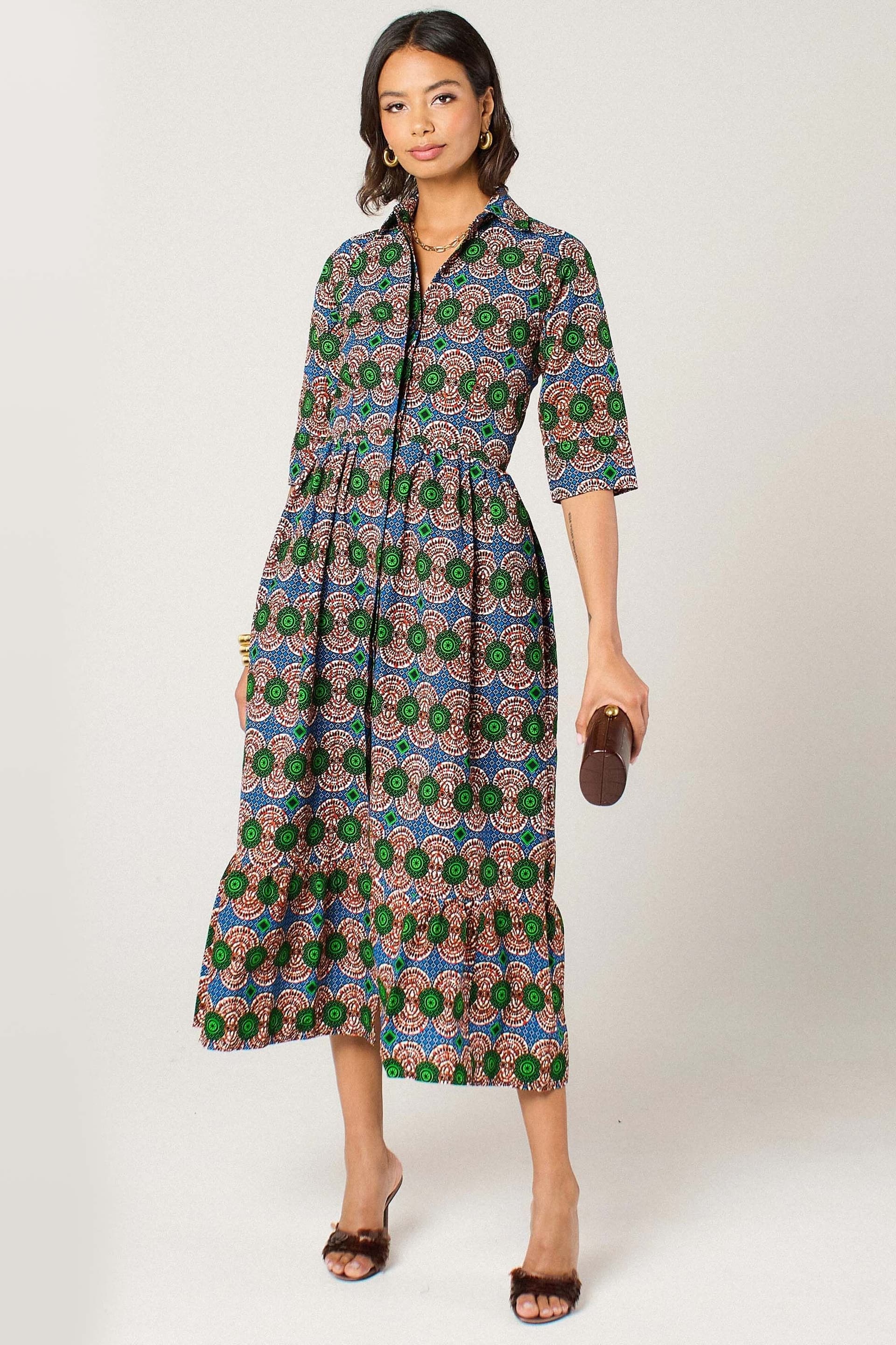 Dals Hart Dals Hart Women's Eva Midi Shirt Dress in Geometric Print in Green