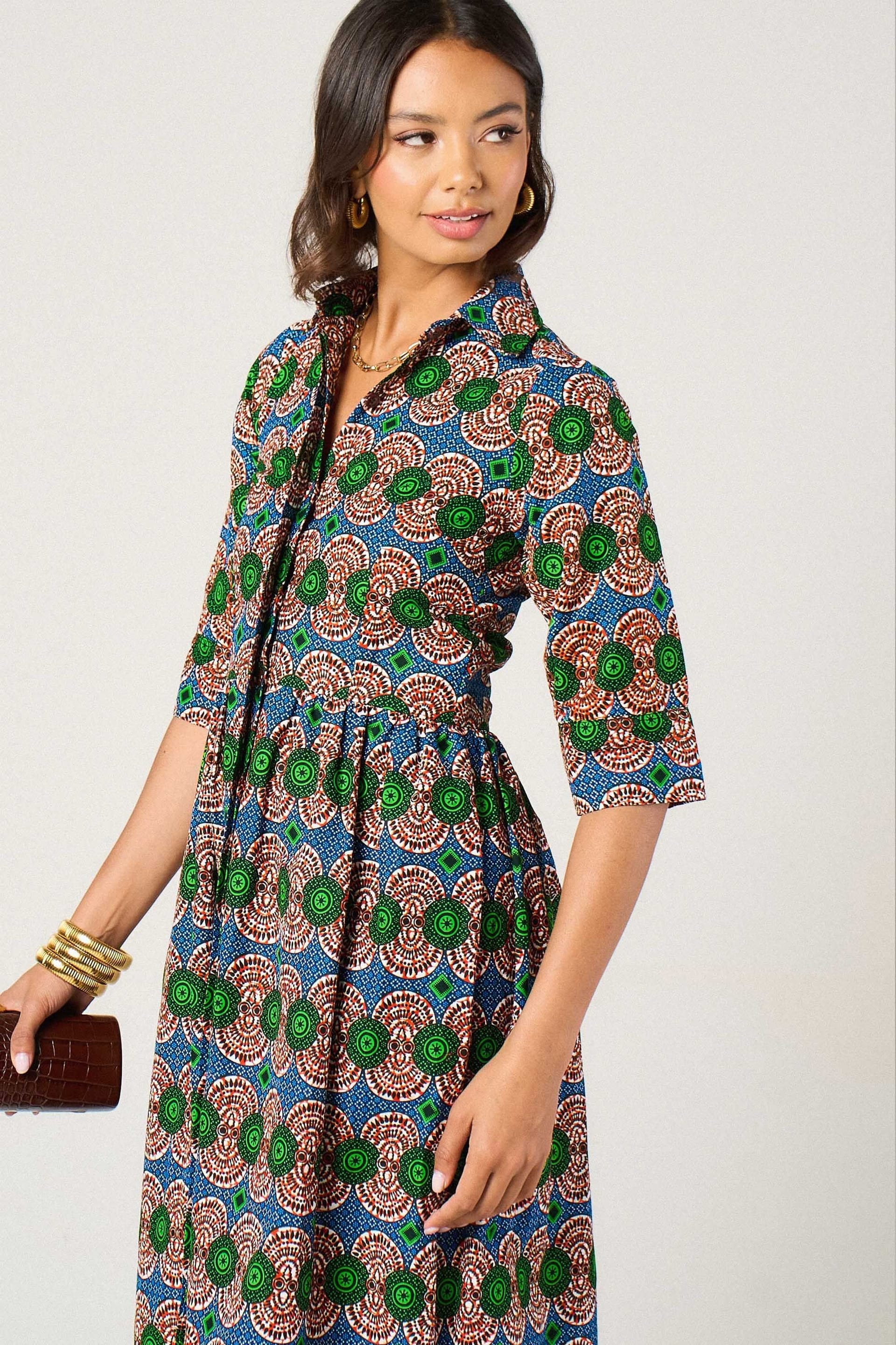 Dals Hart Dals Hart Women's Eva Midi Shirt Dress in Geometric Print in Green - 4
