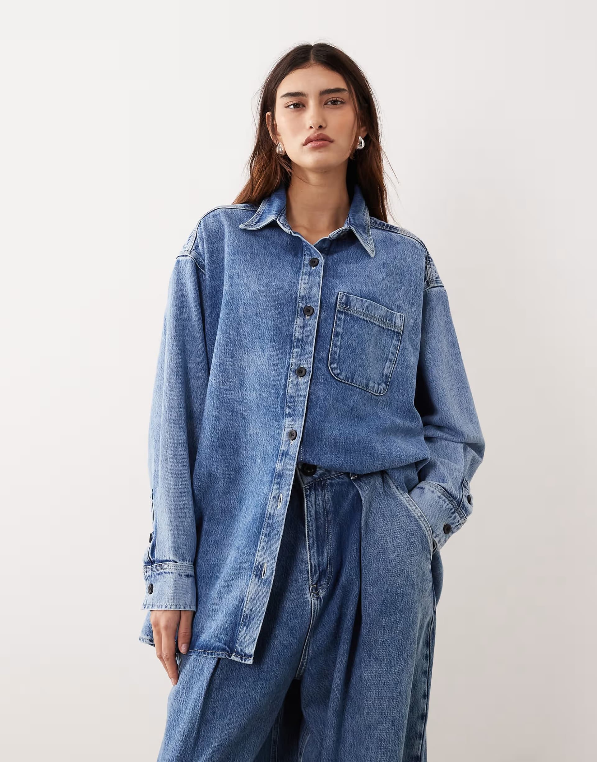 ASOS ARRANGE seam detail washed denim shirt co-ord in mid wash blue