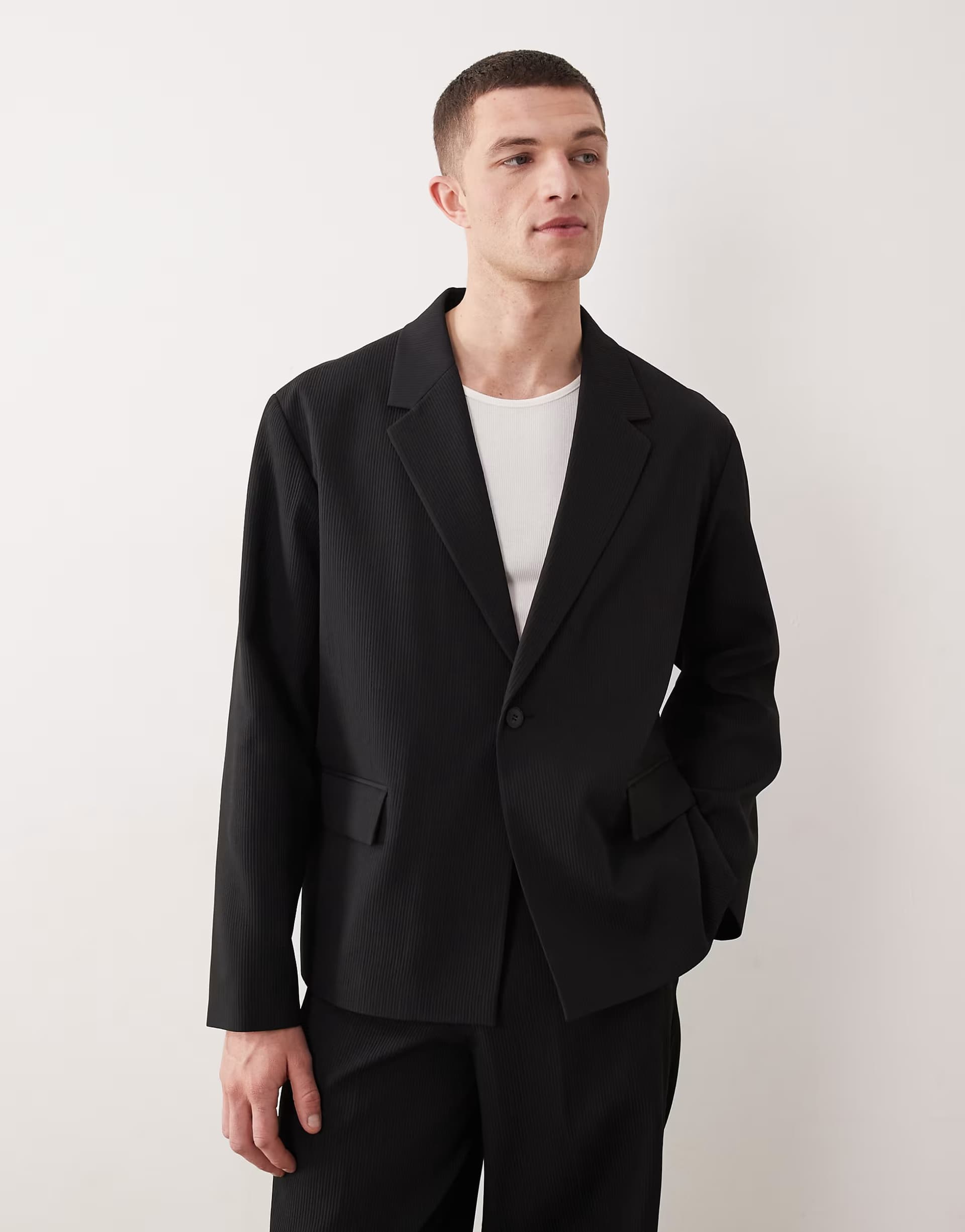ASOS ASOS Rib Texture Boxy Suit Jacket in Black