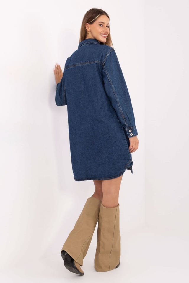 Love Lace Love Lace Women's Long Sleeve Button Down Denim Knee Dress in Blue - 3