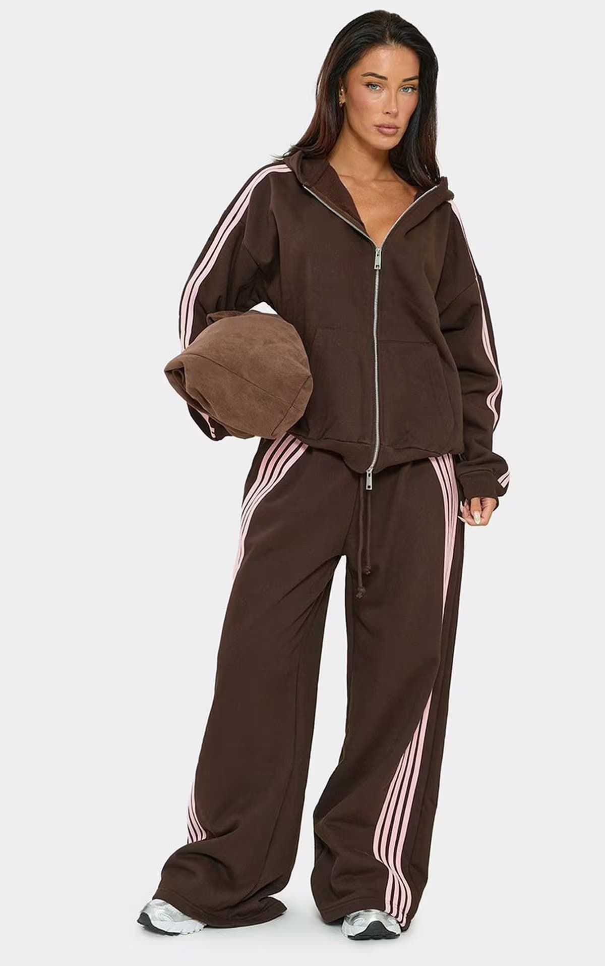 EGO Heavyweight Oversized Contrast Stripe Zip-Up Detail Jacket In Chocolate Brown, Women's Size UK 6