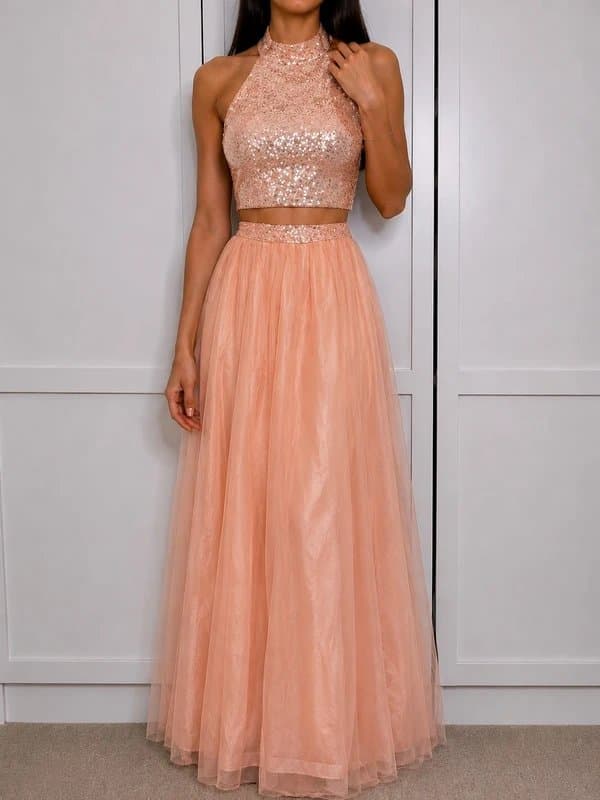 ASOS Pink halter neck sequin top and maxi skirt Xmas outfit size 8 for £40