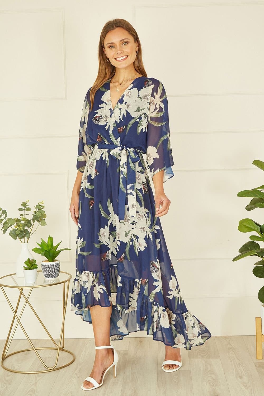 Yumi Yumi Women's Navy Floral Kimono Sleeves Dip Hem Wrap Midi Dress