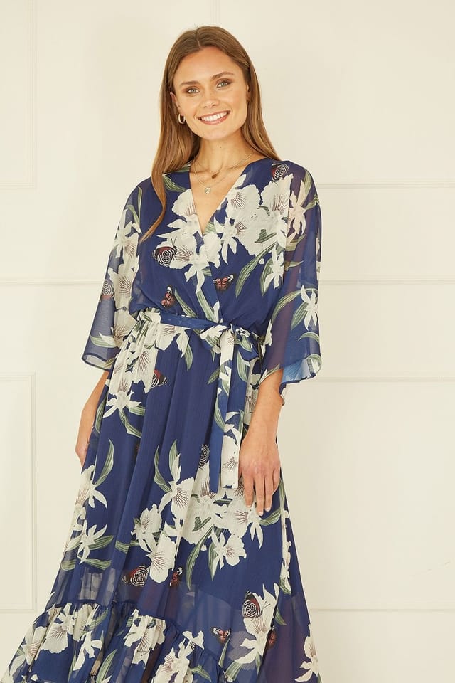 Yumi Yumi Women's Navy Floral Kimono Sleeves Dip Hem Wrap Midi Dress - 3
