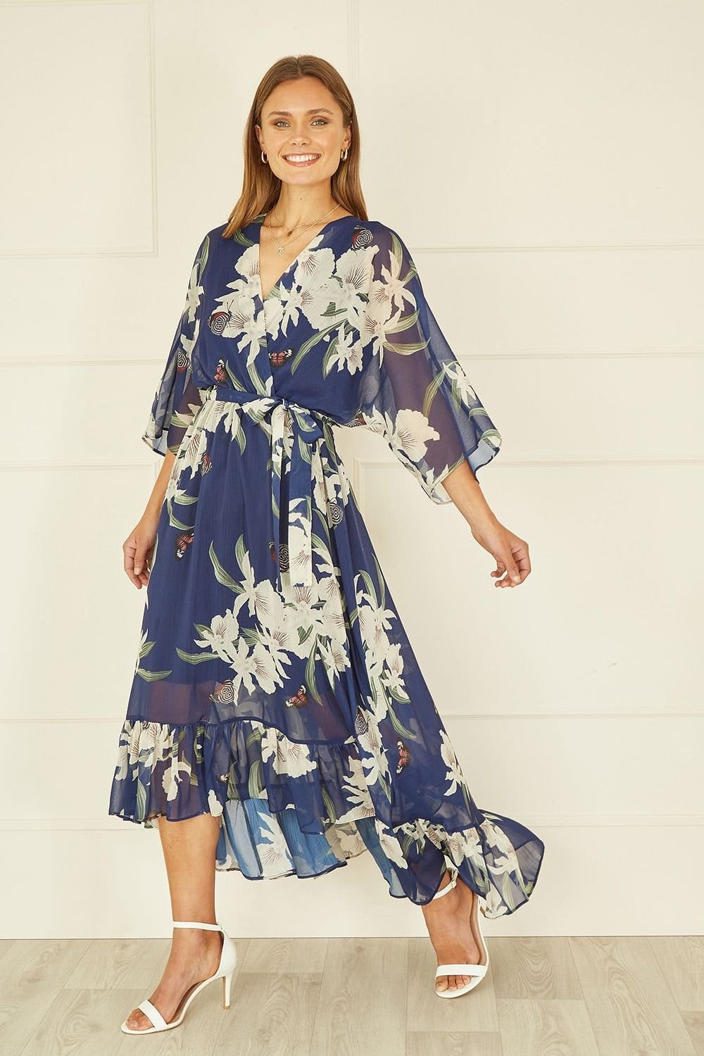 Yumi Yumi Women's Navy Floral Kimono Sleeves Dip Hem Wrap Midi Dress - 4