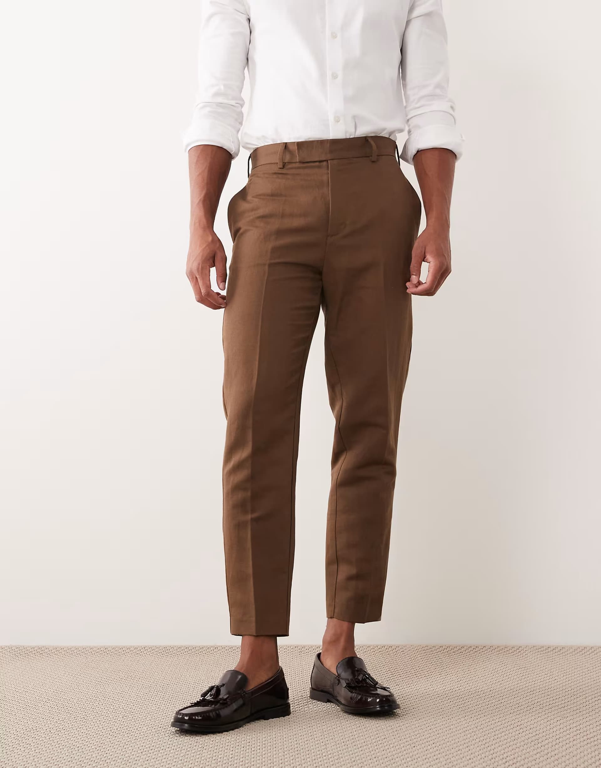 ASOS ASOS DESIGN smart linen rich tapered trousers in dark brown