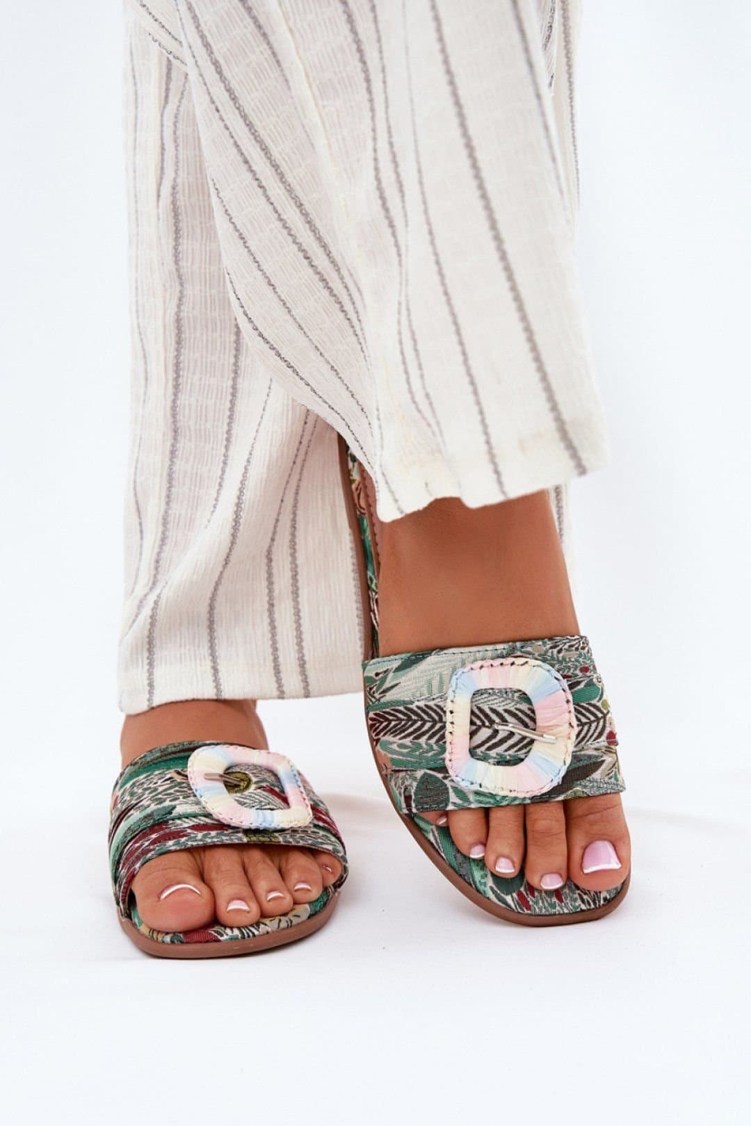 Love Lace Love Lace Women's Textile Flat Heeled Sandals With Front Decorative Buckle